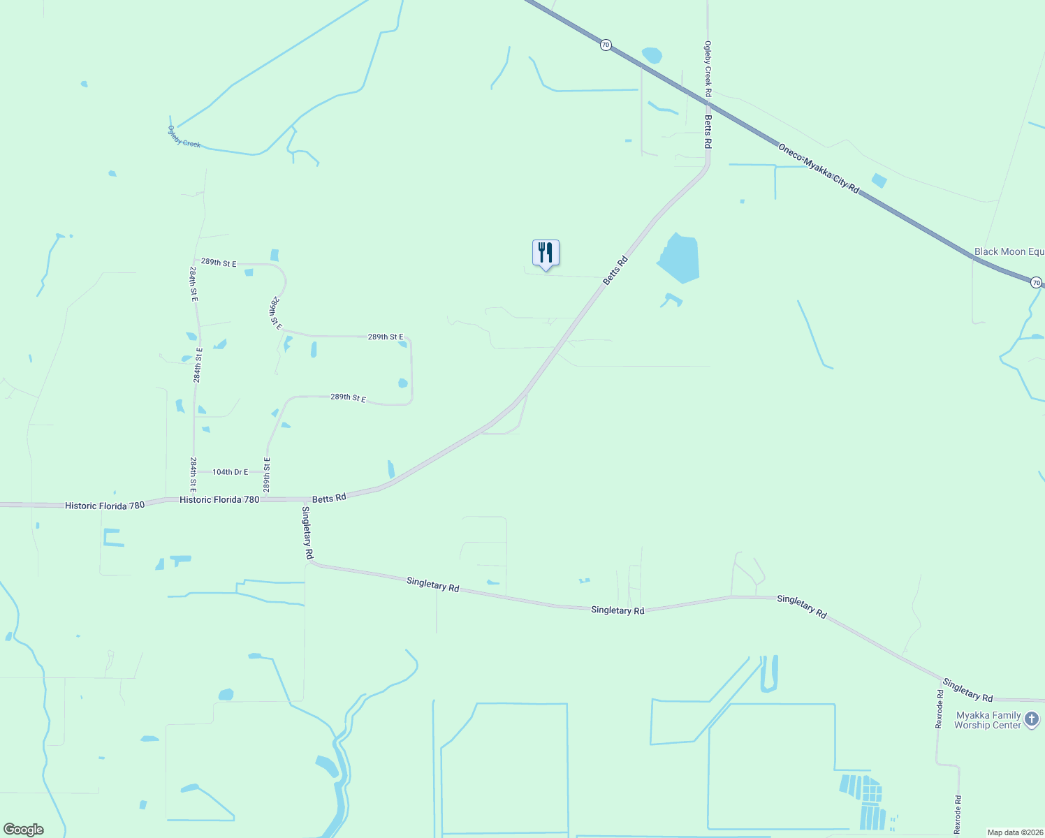map of restaurants, bars, coffee shops, grocery stores, and more near 30352 Betts Road in Myakka City