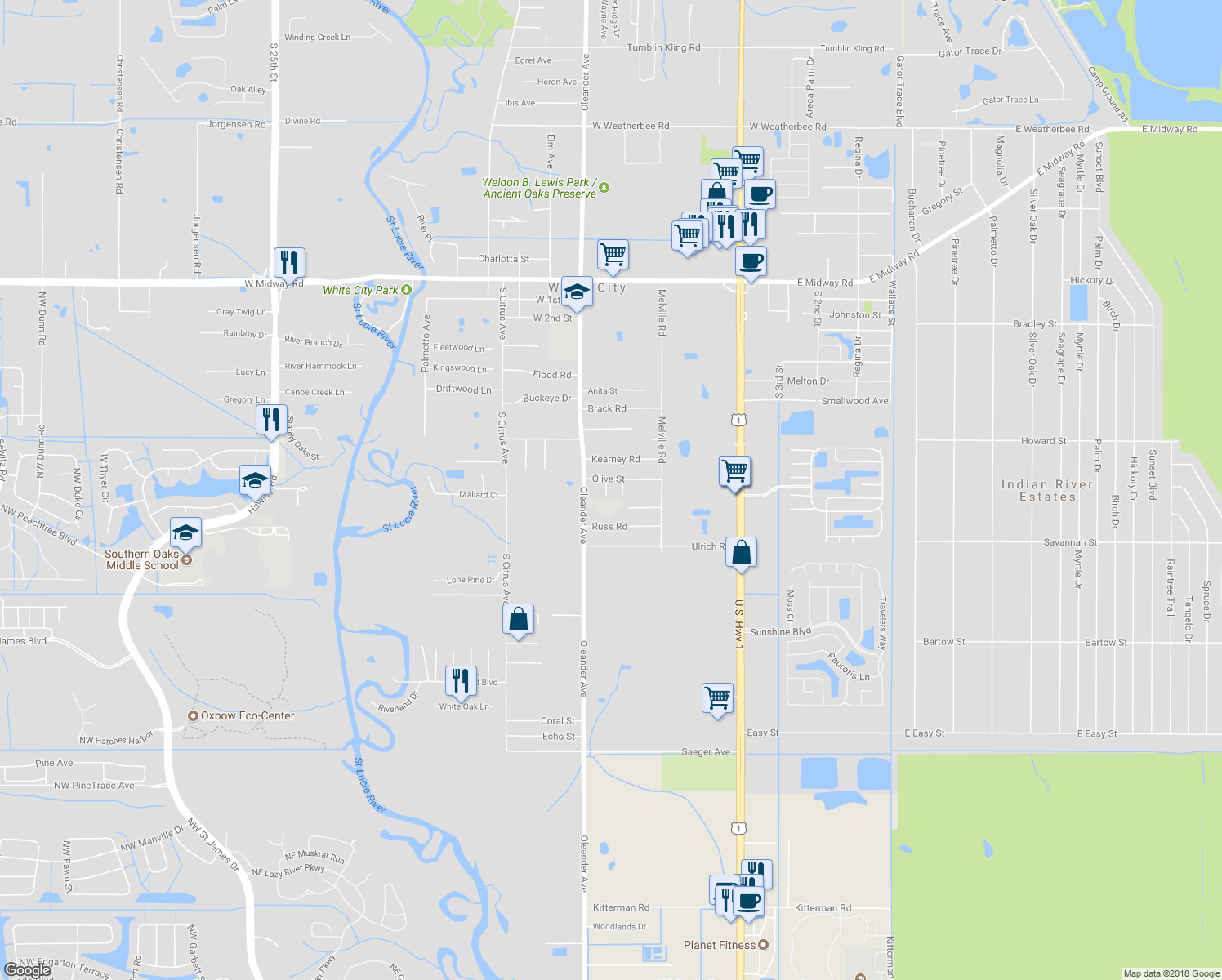 map of restaurants, bars, coffee shops, grocery stores, and more near 5610 Smith Lane in Fort Pierce