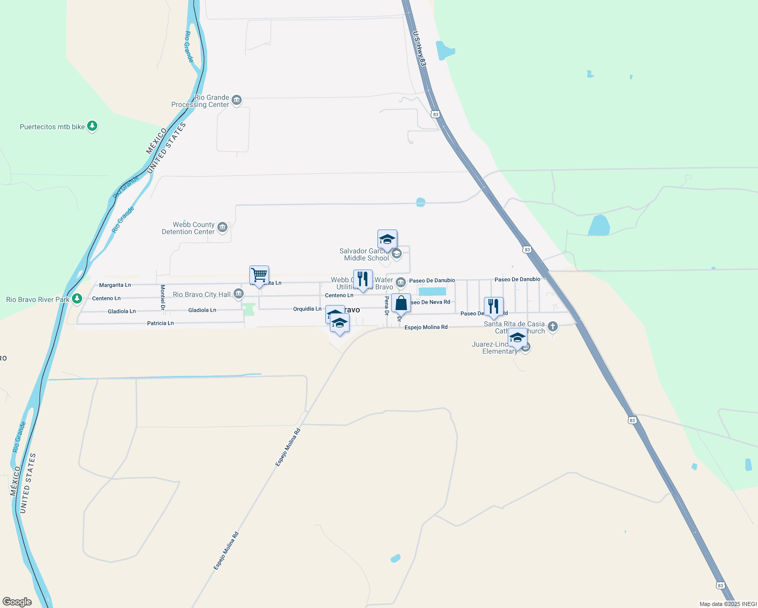 map of restaurants, bars, coffee shops, grocery stores, and more near 1406 Orquidia Lane in Laredo