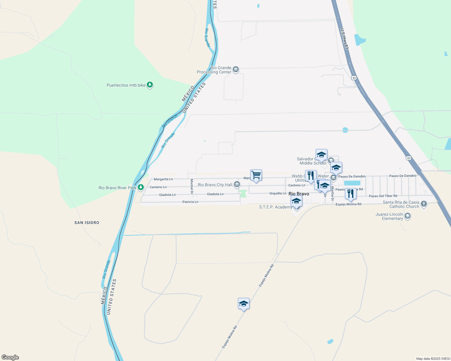 map of restaurants, bars, coffee shops, grocery stores, and more near 1719 Margarita Lane in Laredo