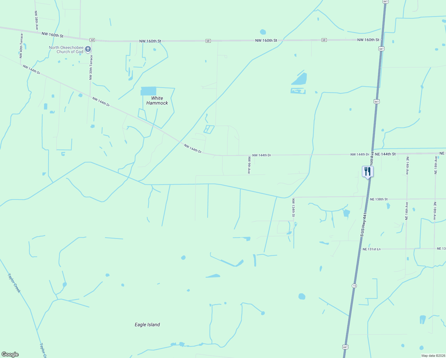 map of restaurants, bars, coffee shops, grocery stores, and more near 1350 Northwest 141st Street in Okeechobee