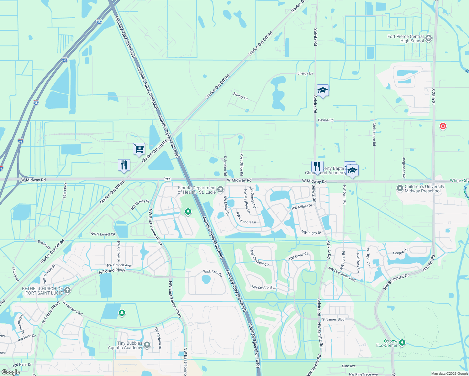 map of restaurants, bars, coffee shops, grocery stores, and more near 6740 Northwest Omega Road in Port St. Lucie