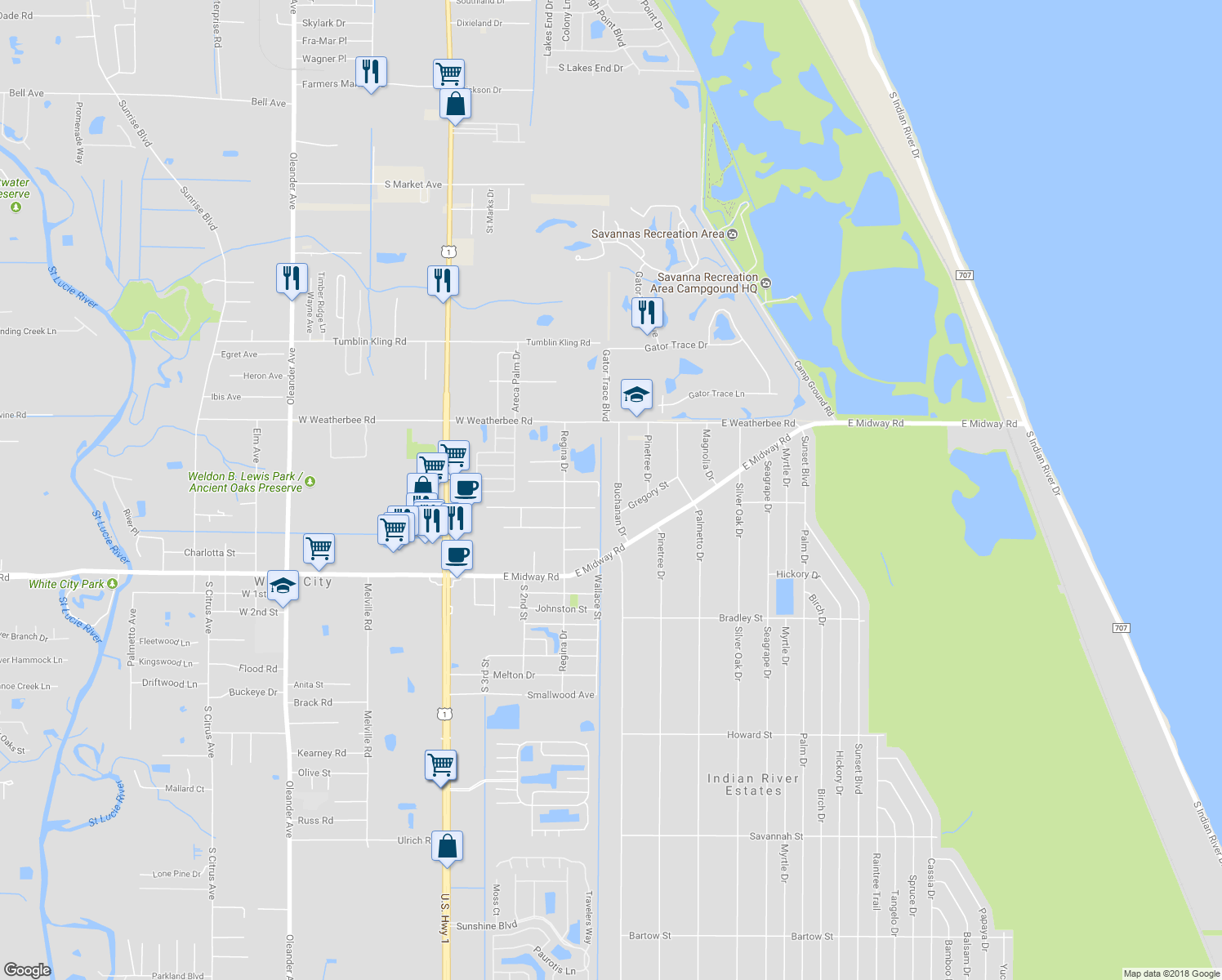 map of restaurants, bars, coffee shops, grocery stores, and more near 4707 Buchanan Drive in Fort Pierce