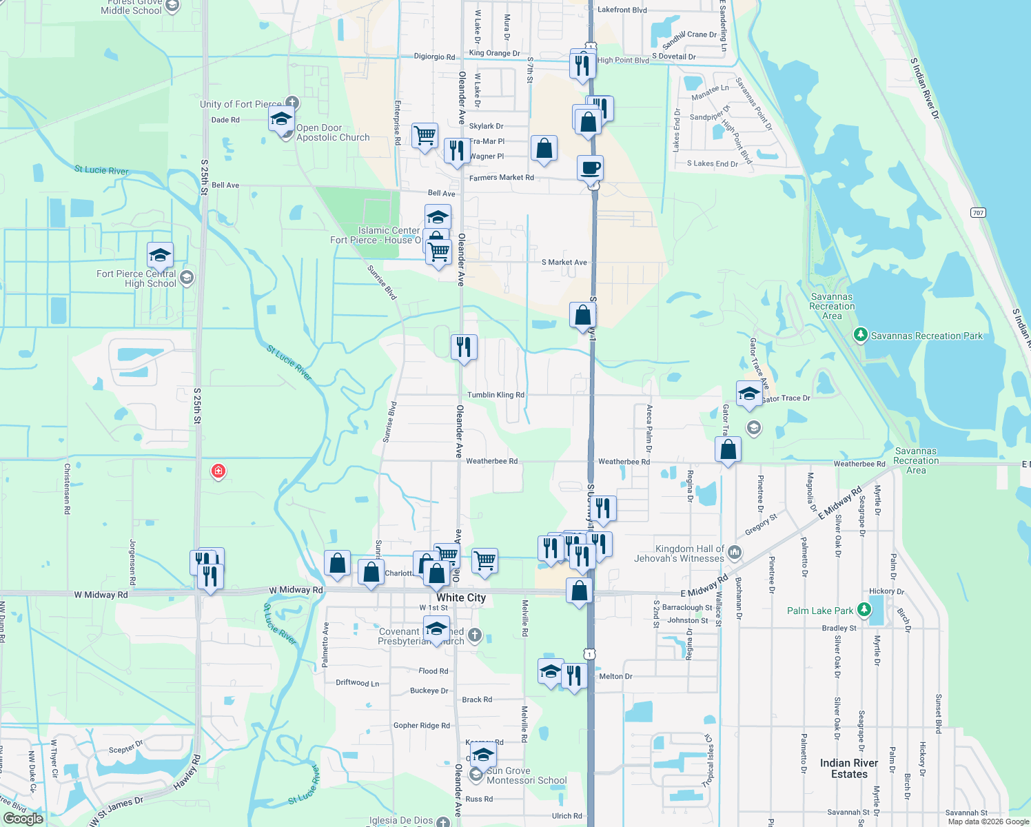 map of restaurants, bars, coffee shops, grocery stores, and more near 4212 Garrison Lane in Fort Pierce