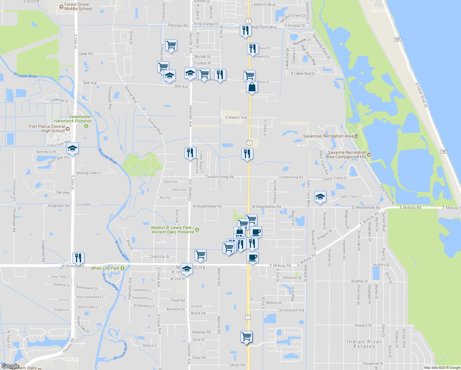 map of restaurants, bars, coffee shops, grocery stores, and more near 603 Tumblin Kling Rd in Fort Pierce