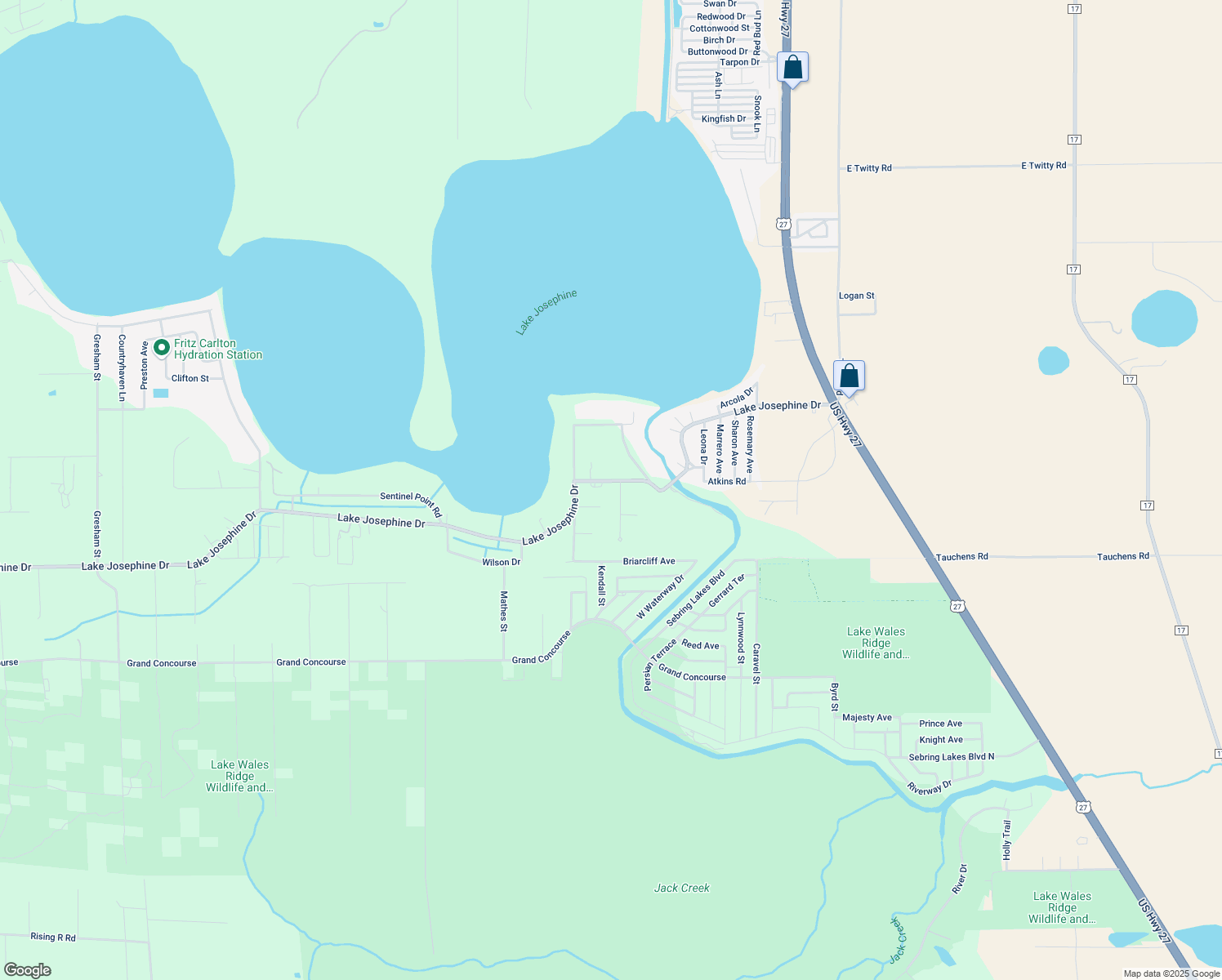map of restaurants, bars, coffee shops, grocery stores, and more near 201 Nature Lane in Sebring
