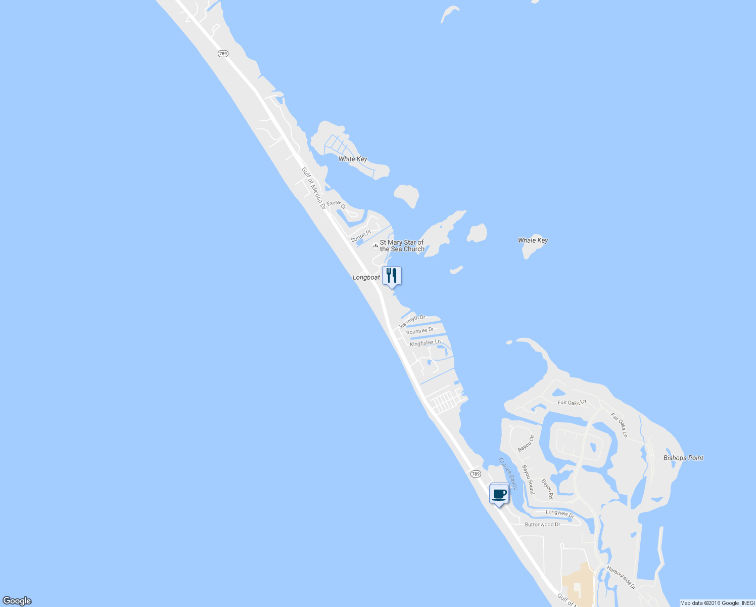 map of restaurants, bars, coffee shops, grocery stores, and more near 4125 Gulf of Mexico Drive in Longboat Key