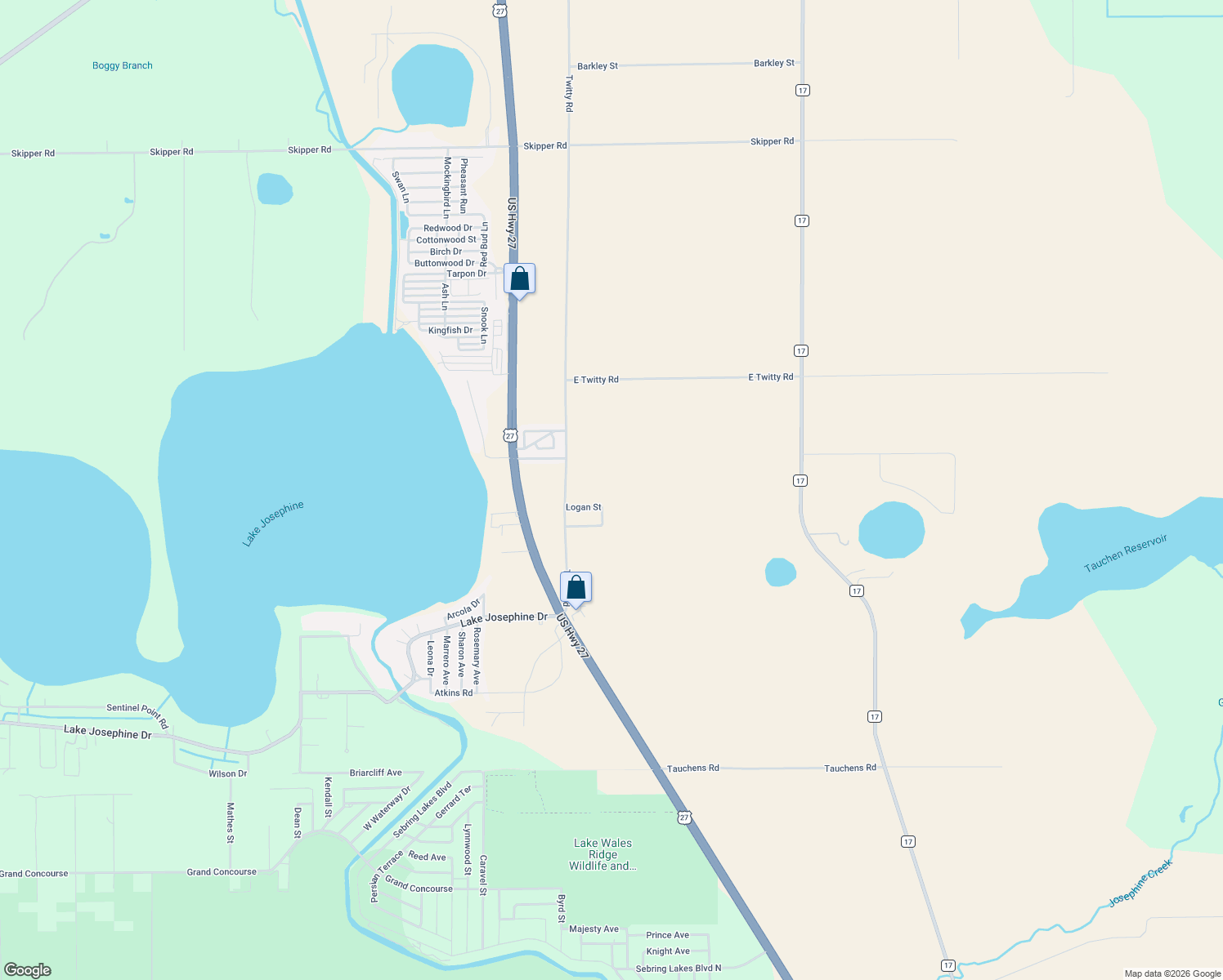 map of restaurants, bars, coffee shops, grocery stores, and more near 10000 Twitty Road in Sebring
