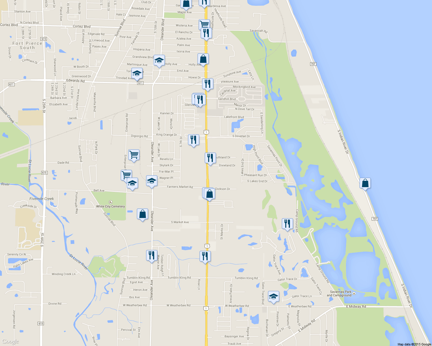 map of restaurants, bars, coffee shops, grocery stores, and more near 3410 South Us Highway 1 in Fort Pierce
