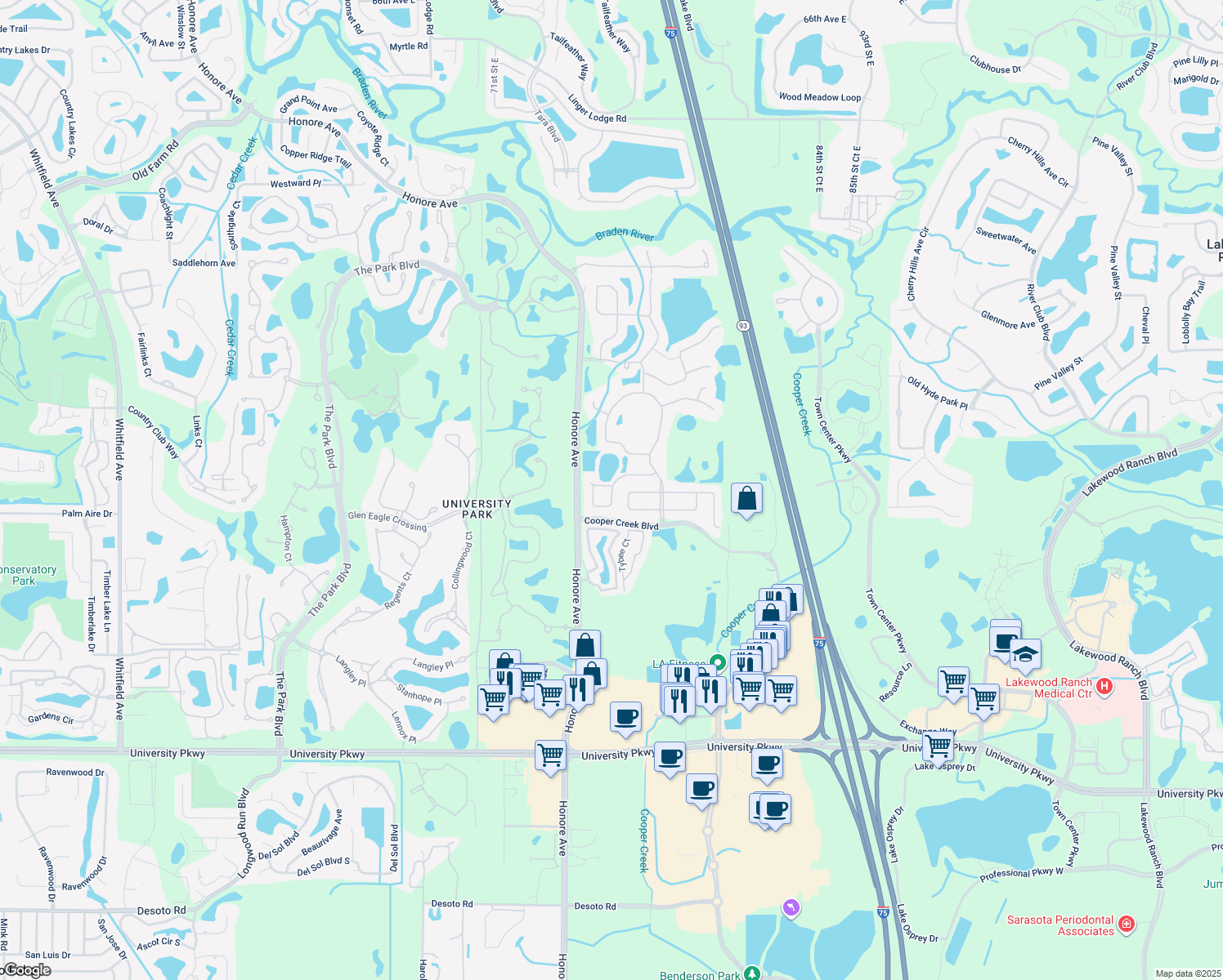 map of restaurants, bars, coffee shops, grocery stores, and more near 7814 Drayton Circle in Bradenton