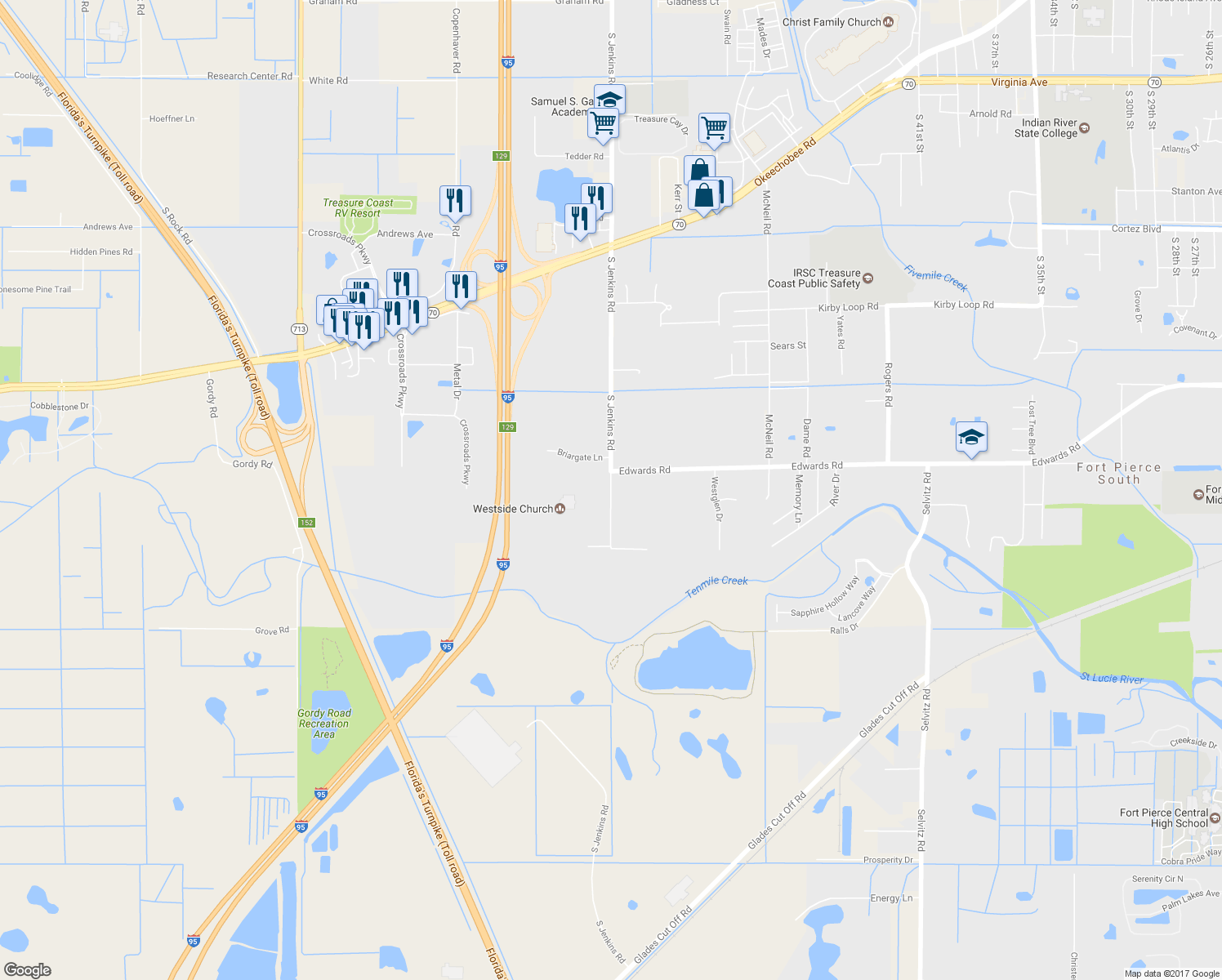 map of restaurants, bars, coffee shops, grocery stores, and more near 3318 South Jenkins Road in Fort Pierce