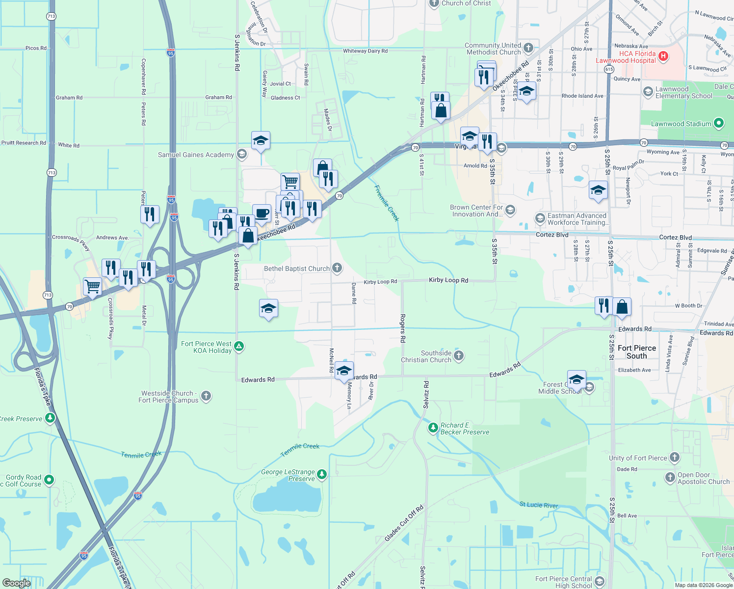 map of restaurants, bars, coffee shops, grocery stores, and more near 2853 Yates Road in Fort Pierce