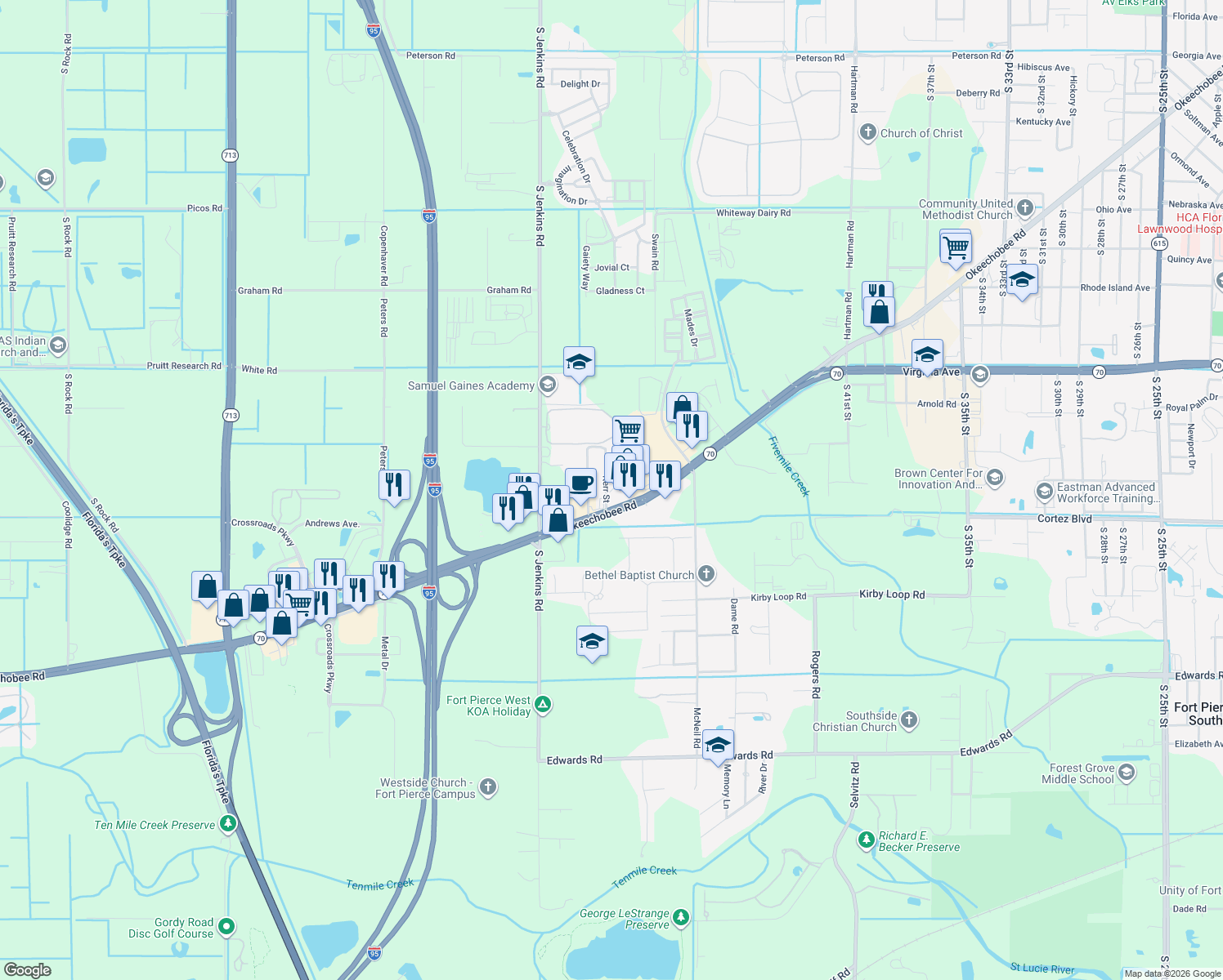 map of restaurants, bars, coffee shops, grocery stores, and more near 2602 Kerr Street in Fort Pierce