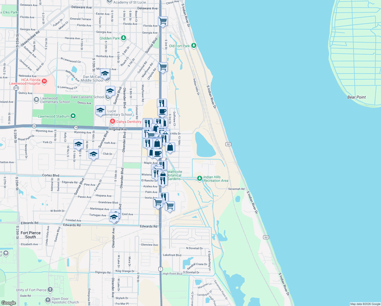 map of restaurants, bars, coffee shops, grocery stores, and more near 101 Hialeah Avenue in Fort Pierce