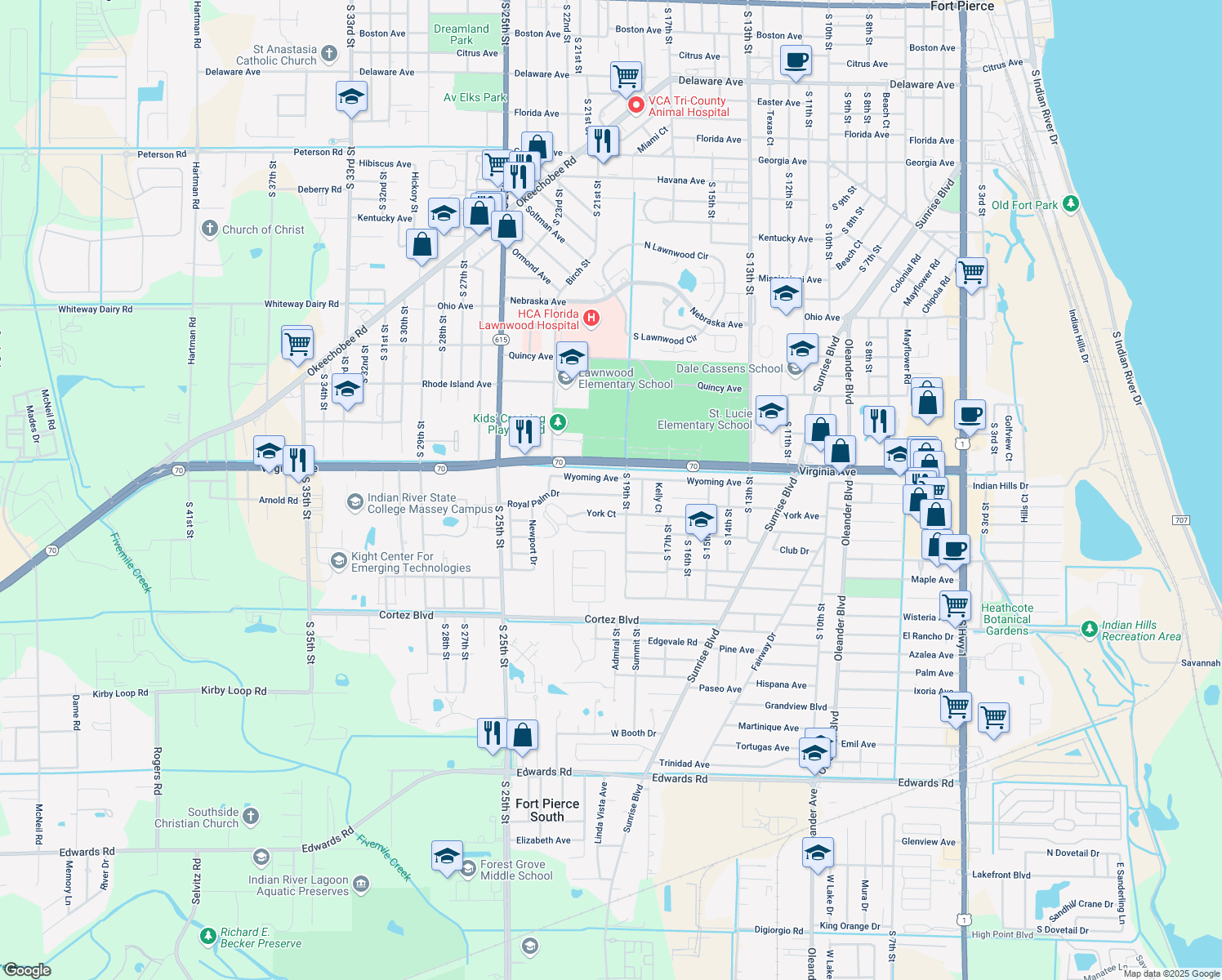 map of restaurants, bars, coffee shops, grocery stores, and more near 1906 Royal Palm Drive in Fort Pierce