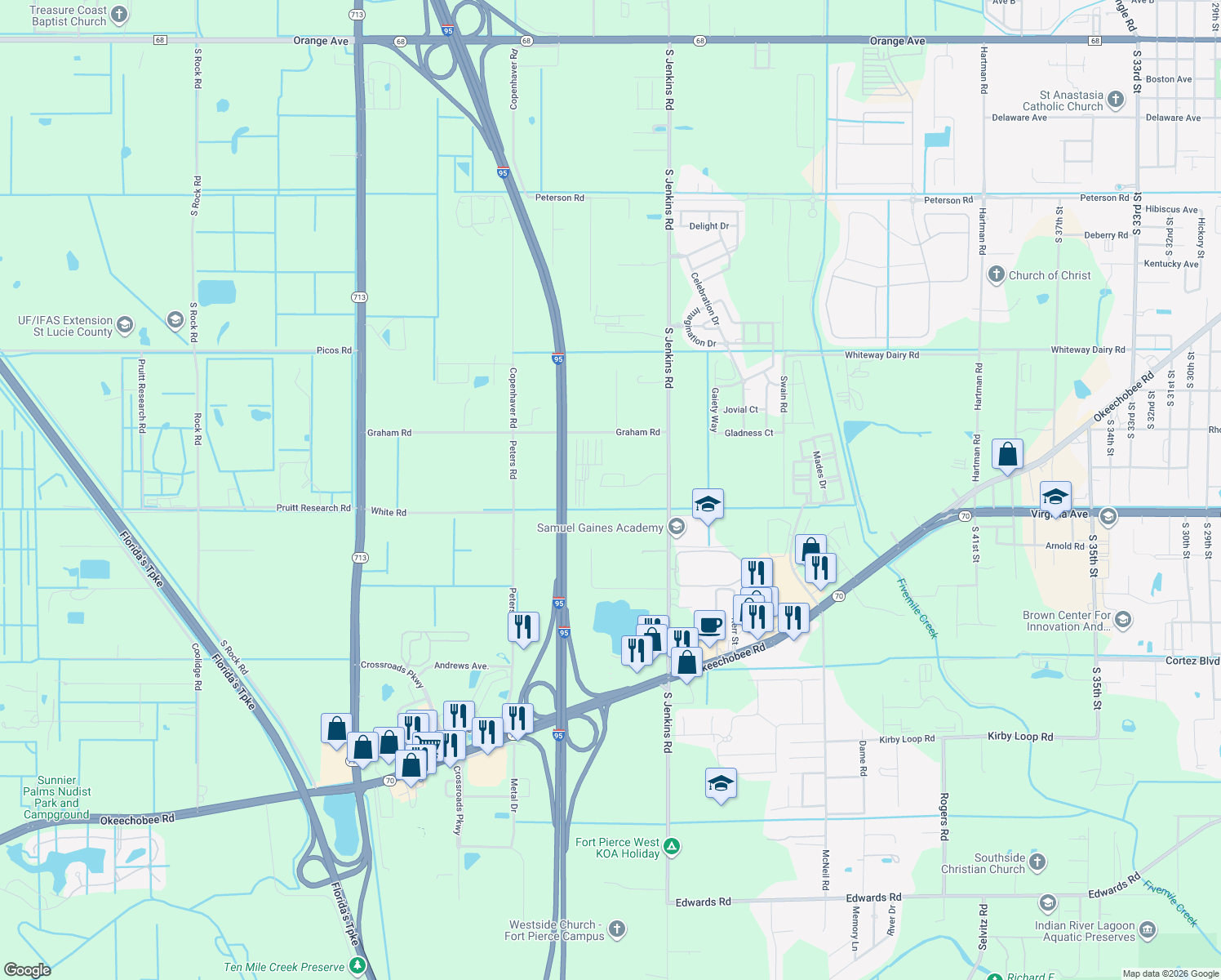 map of restaurants, bars, coffee shops, grocery stores, and more near 2191 South Jenkins Road in Fort Pierce