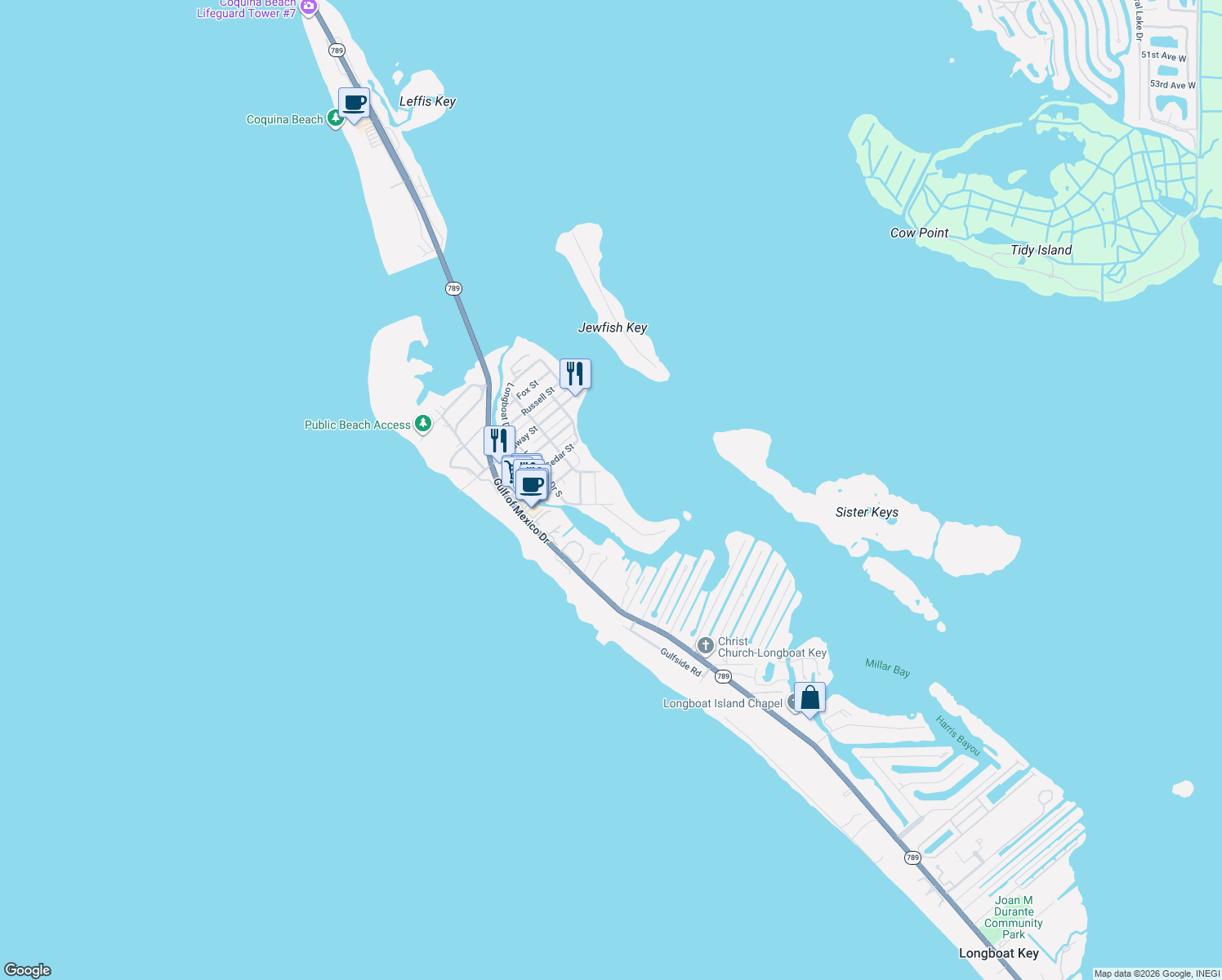 map of restaurants, bars, coffee shops, grocery stores, and more near 6832 Pine Street in Longboat Key