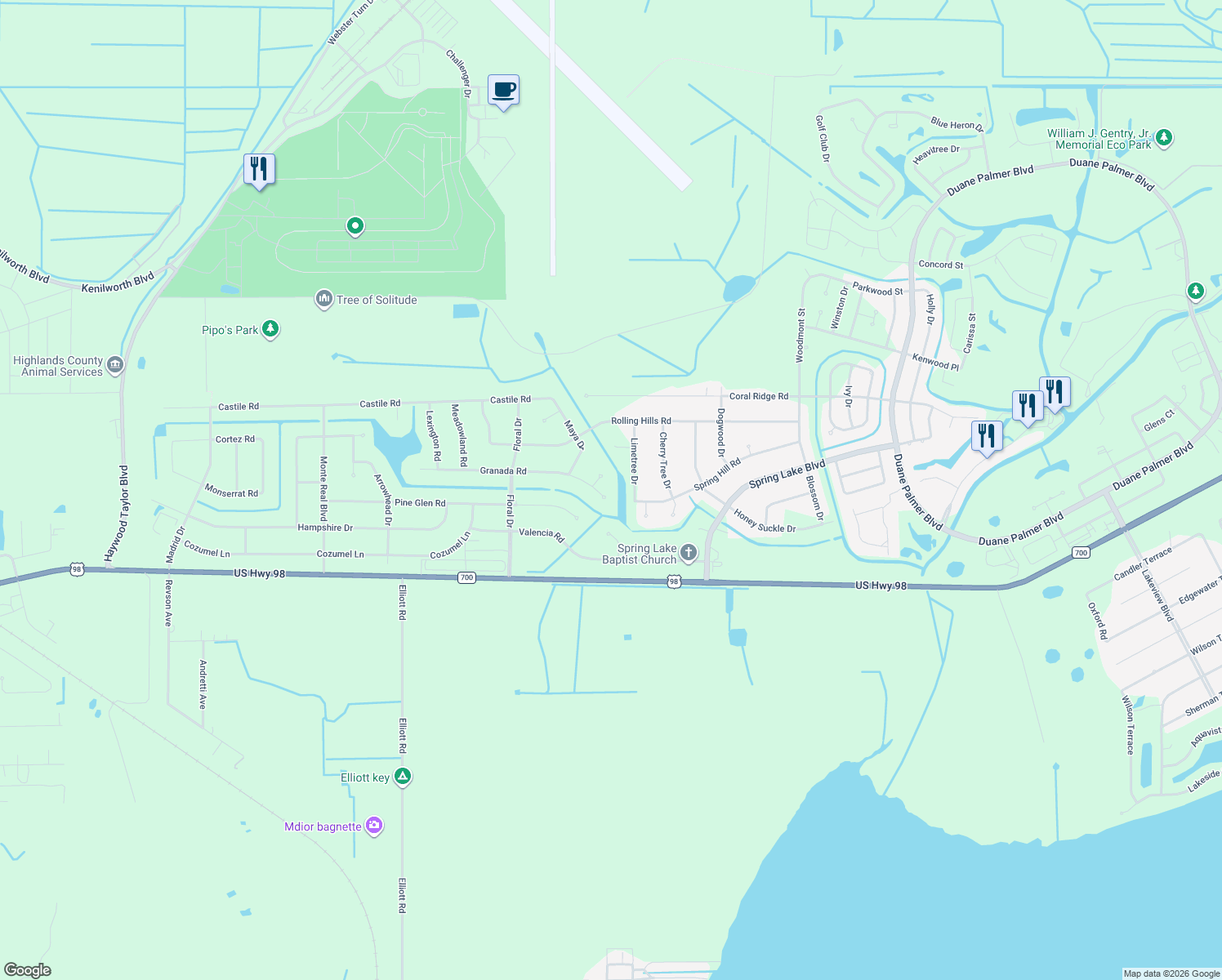 map of restaurants, bars, coffee shops, grocery stores, and more near 7709 Granada Road in Sebring
