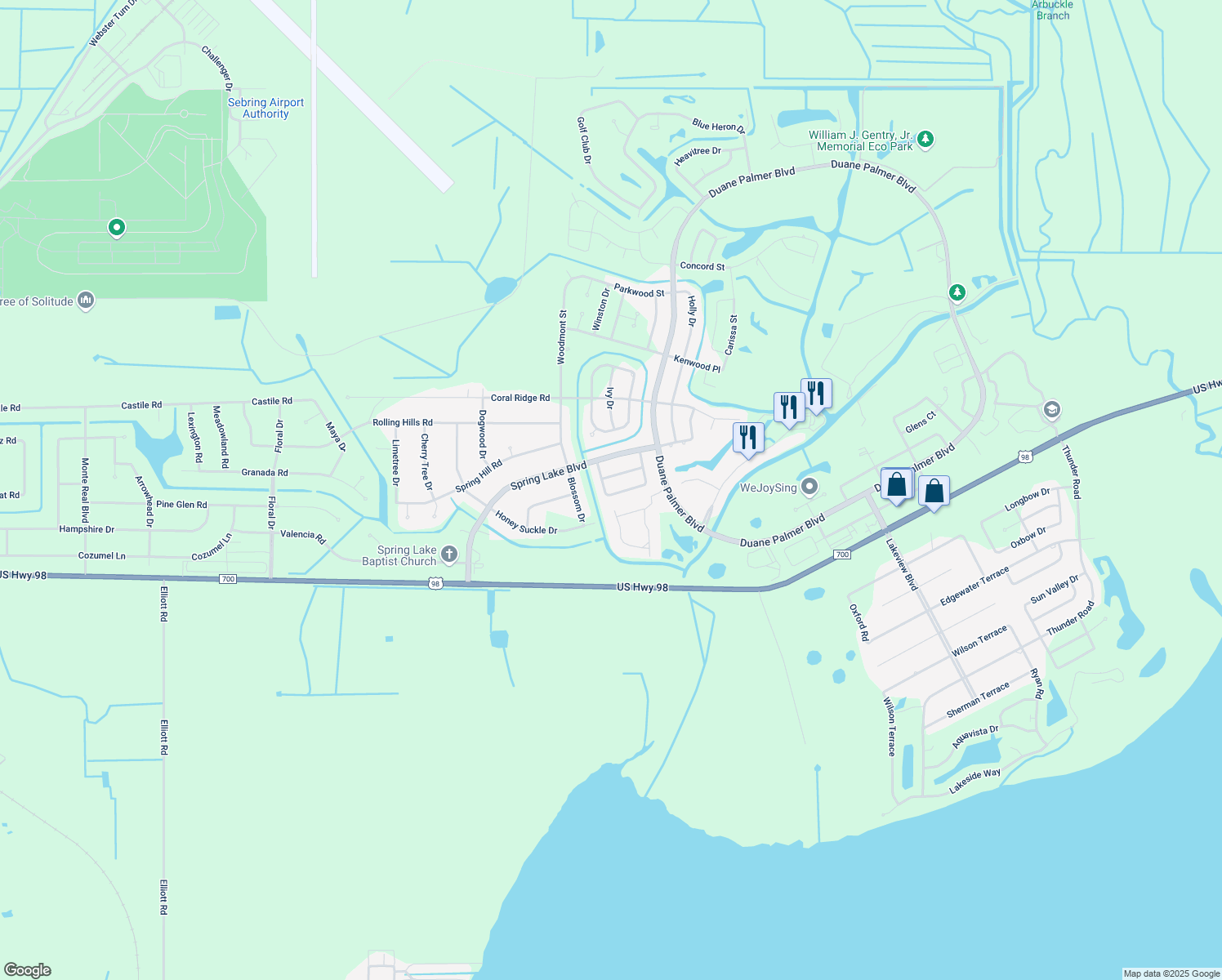 map of restaurants, bars, coffee shops, grocery stores, and more near 133 Oak Knolls Circle in Sebring
