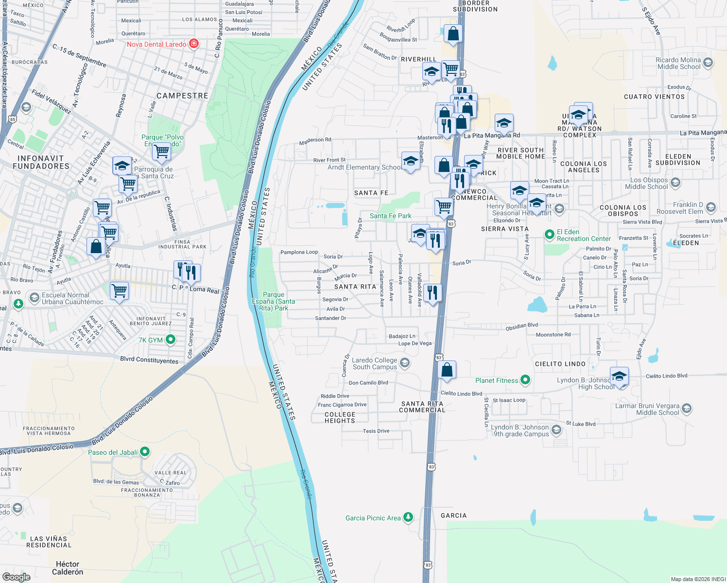 map of restaurants, bars, coffee shops, grocery stores, and more near 312 Segovia Drive in Laredo