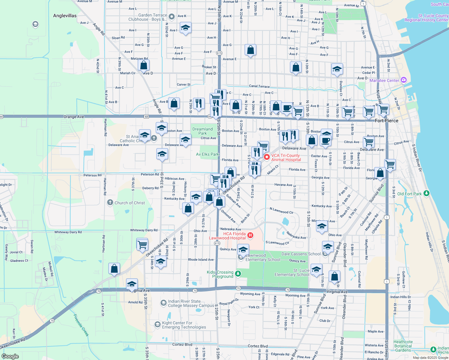 map of restaurants, bars, coffee shops, grocery stores, and more near 812 Dayman Avenue in Fort Pierce