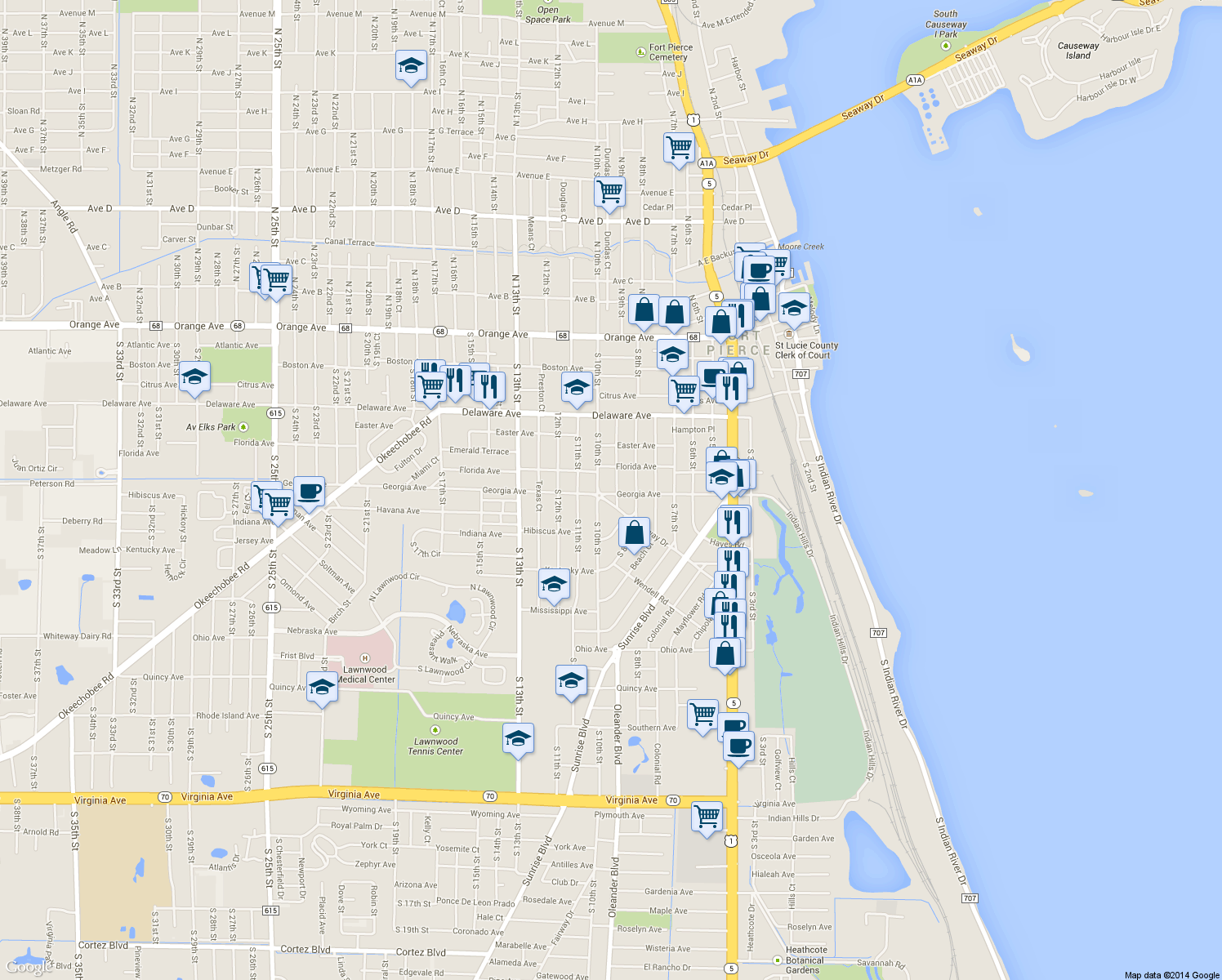 map of restaurants, bars, coffee shops, grocery stores, and more near 920 Georgia Avenue in Fort Pierce