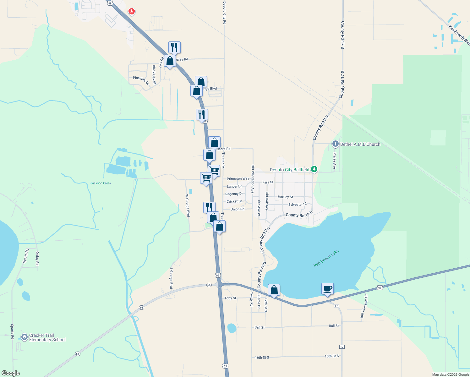map of restaurants, bars, coffee shops, grocery stores, and more near 5021 Lancer Drive in Sebring