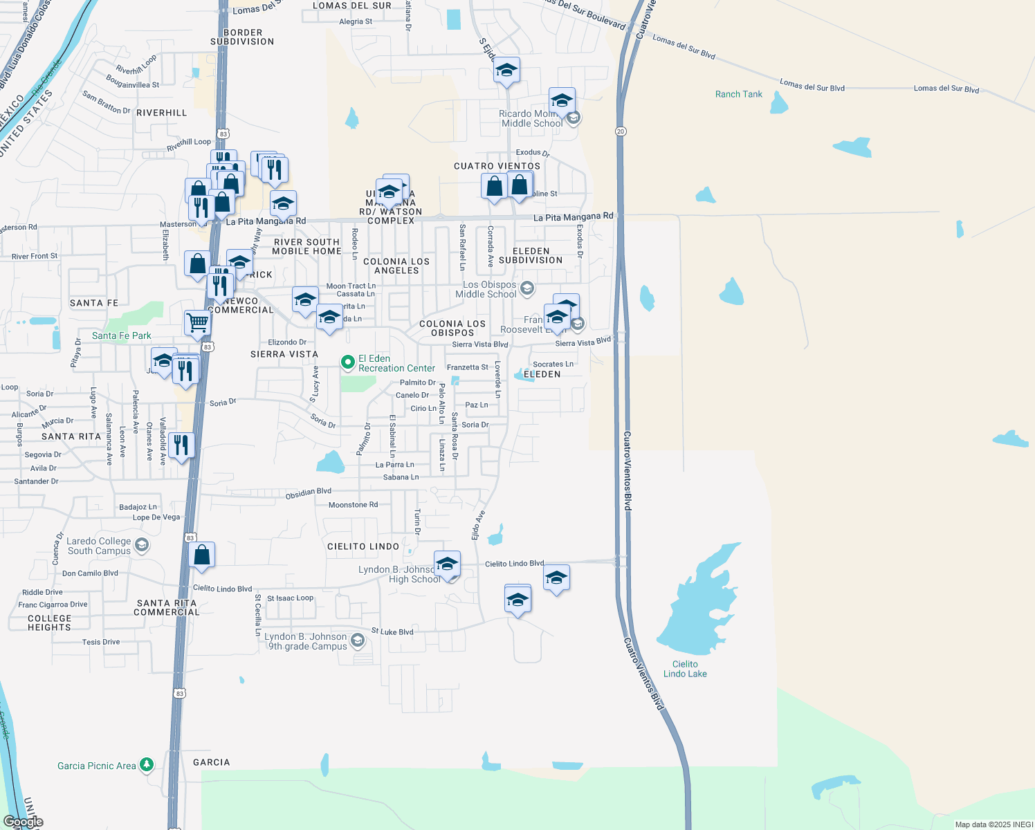 map of restaurants, bars, coffee shops, grocery stores, and more near 5005 Balcones Dr in Laredo