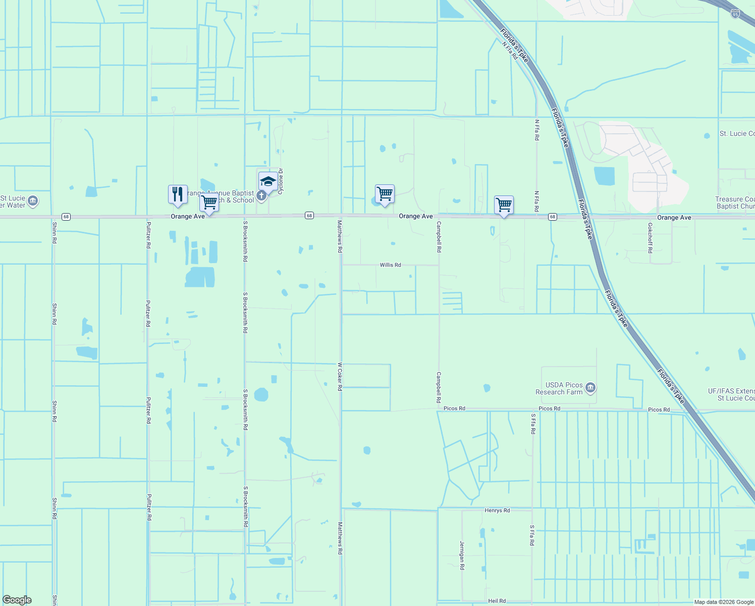 map of restaurants, bars, coffee shops, grocery stores, and more near 992 Coker Road in Fort Pierce