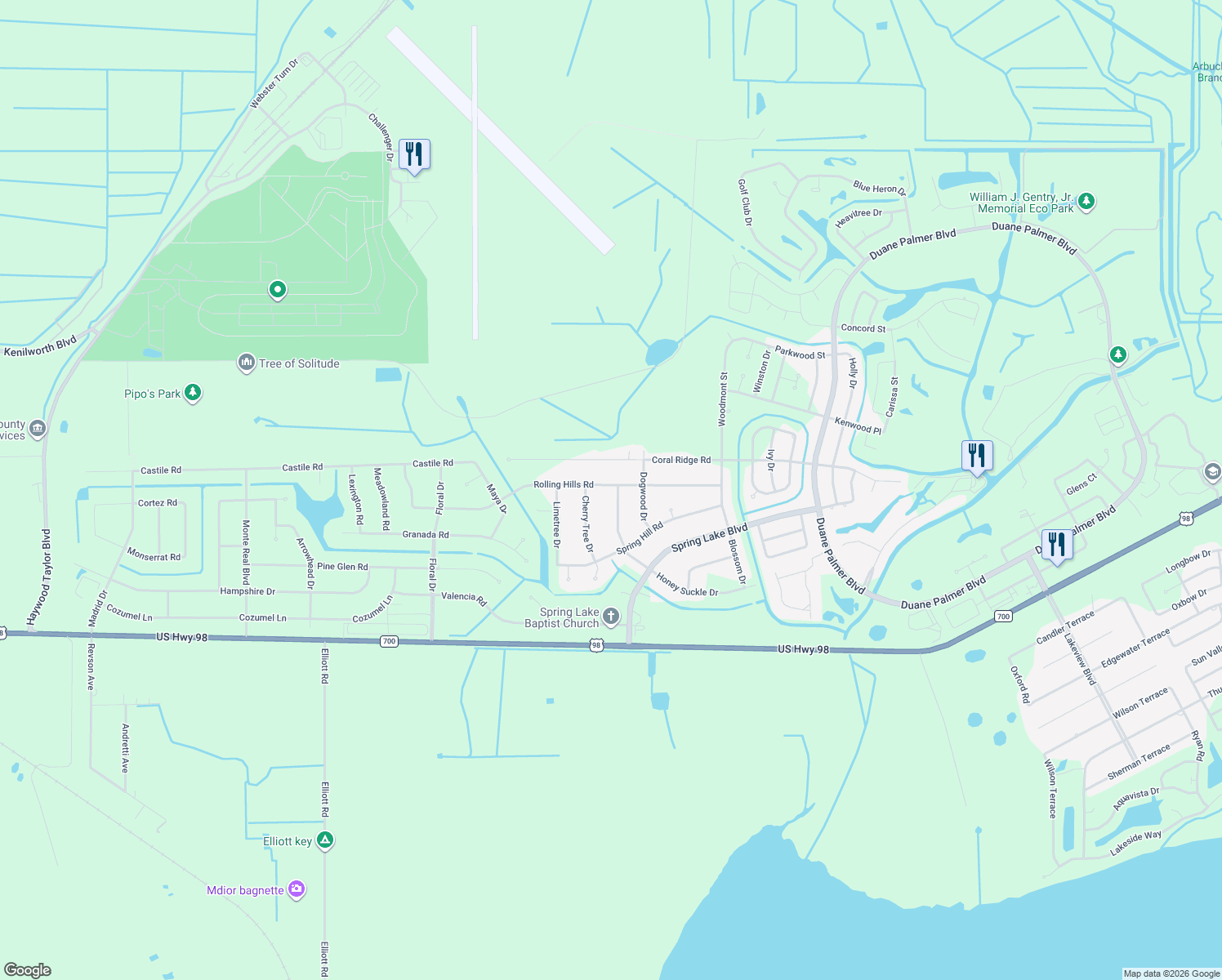 map of restaurants, bars, coffee shops, grocery stores, and more near 7624 Honey Suckle Drive in Sebring