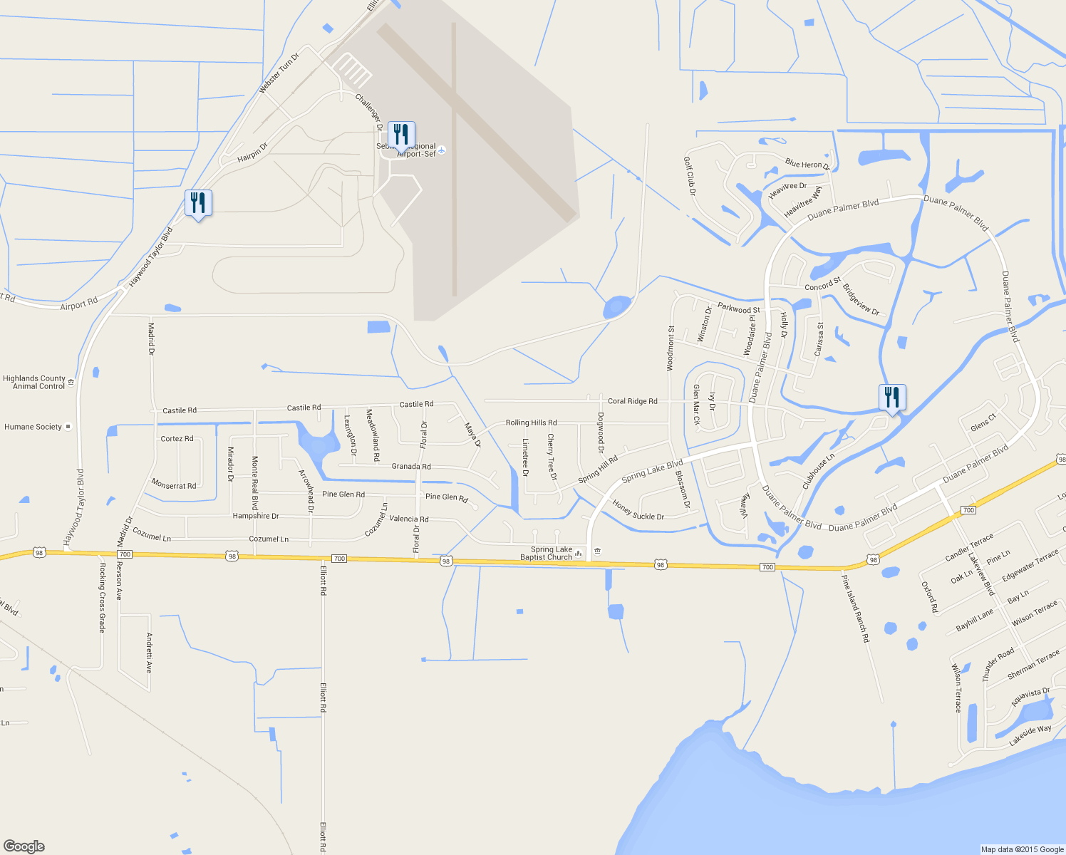 map of restaurants, bars, coffee shops, grocery stores, and more near 609 Limetree Drive in Sebring