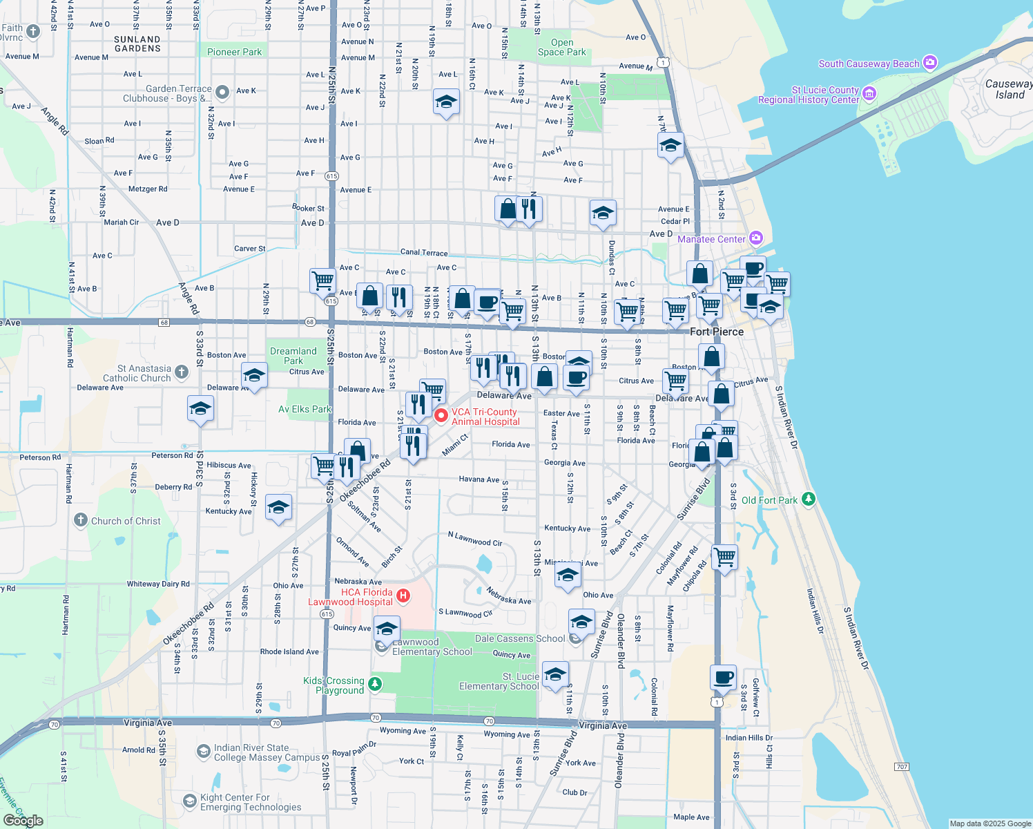 map of restaurants, bars, coffee shops, grocery stores, and more near 602 South 15th Street in Fort Pierce