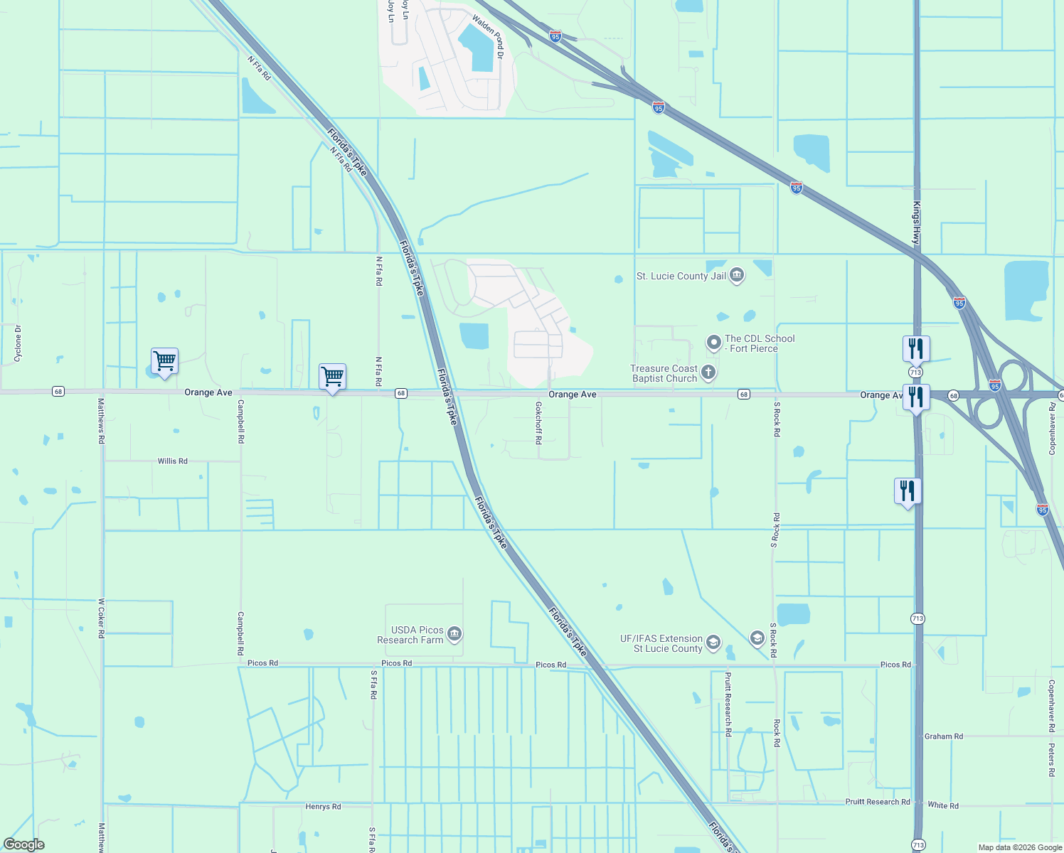 map of restaurants, bars, coffee shops, grocery stores, and more near 355 Gokchoff Road in Fort Pierce