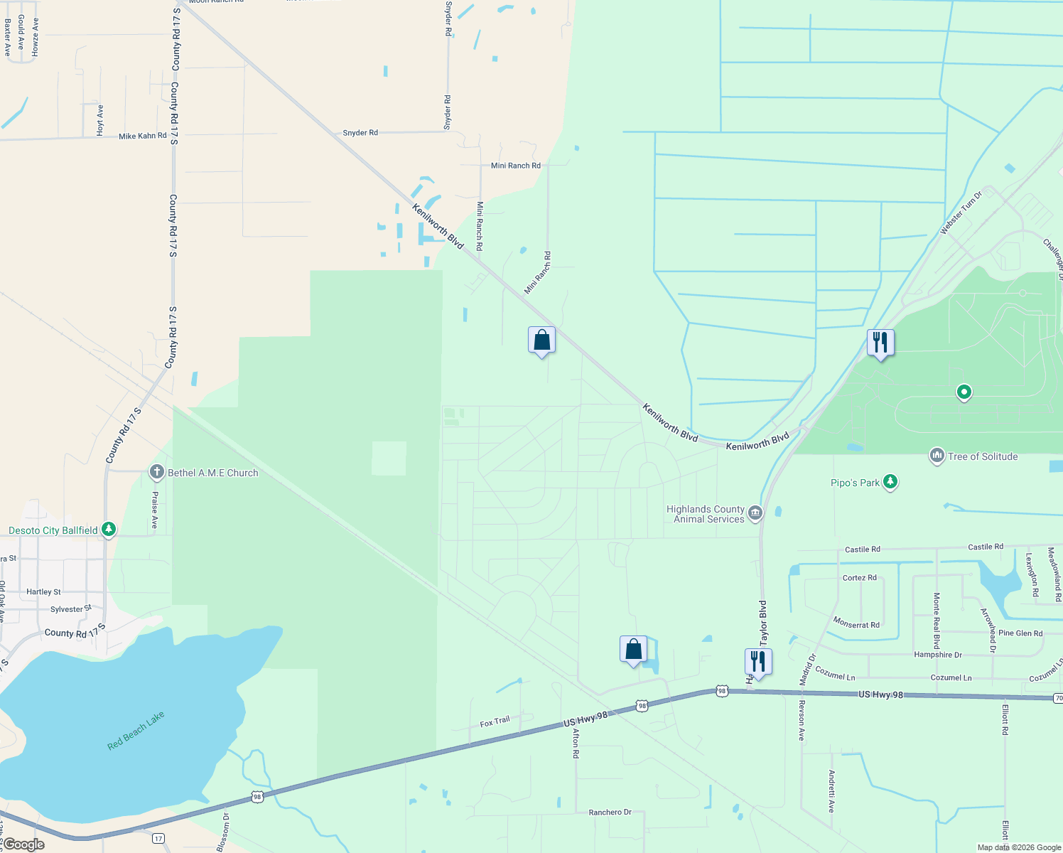 map of restaurants, bars, coffee shops, grocery stores, and more near 436 North Cross Road in Sebring