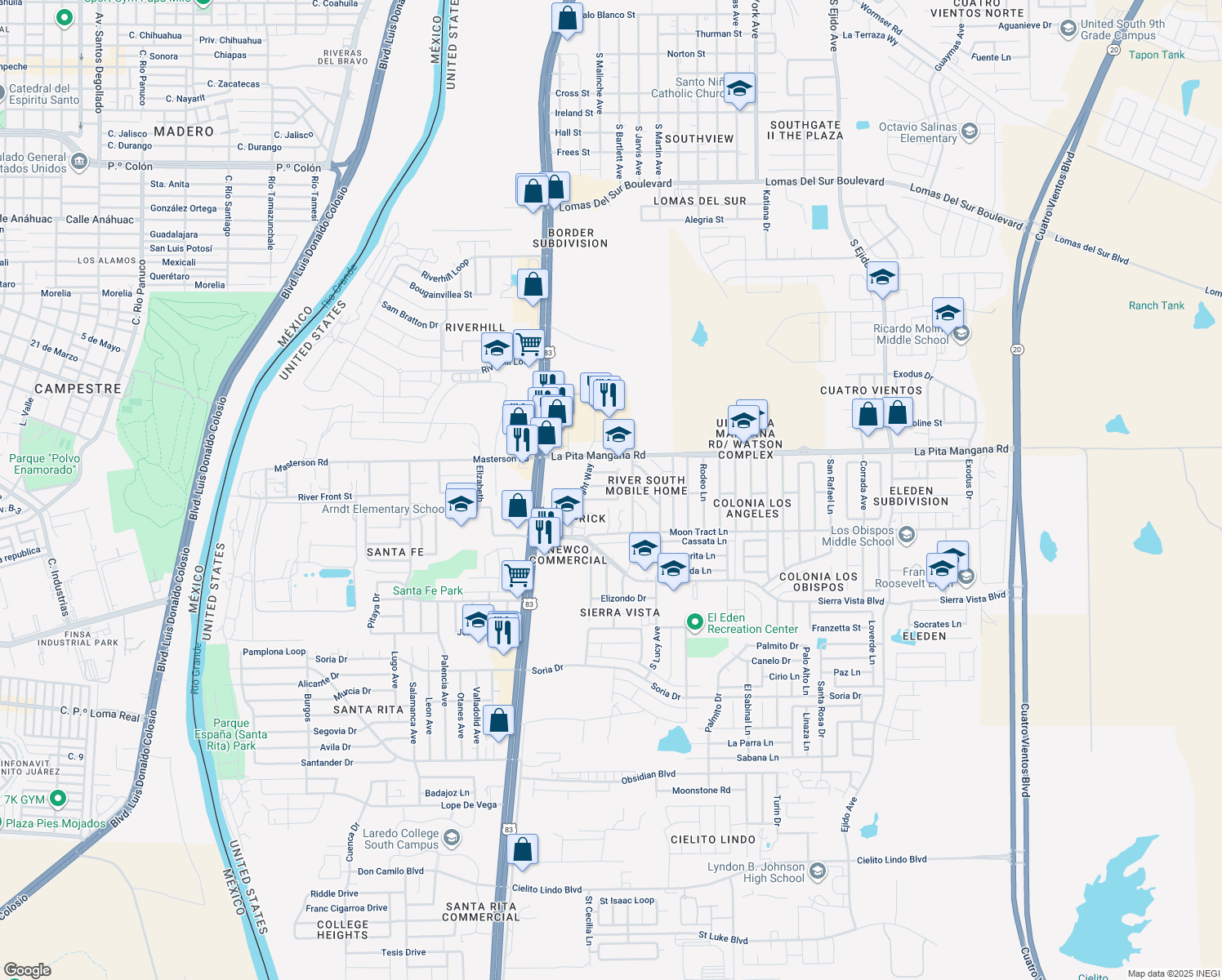 map of restaurants, bars, coffee shops, grocery stores, and more near 2415 Lamar Drive in Laredo