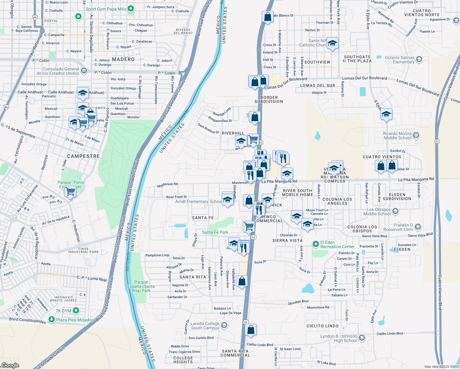 map of restaurants, bars, coffee shops, grocery stores, and more near 613 Masterson Road in Laredo