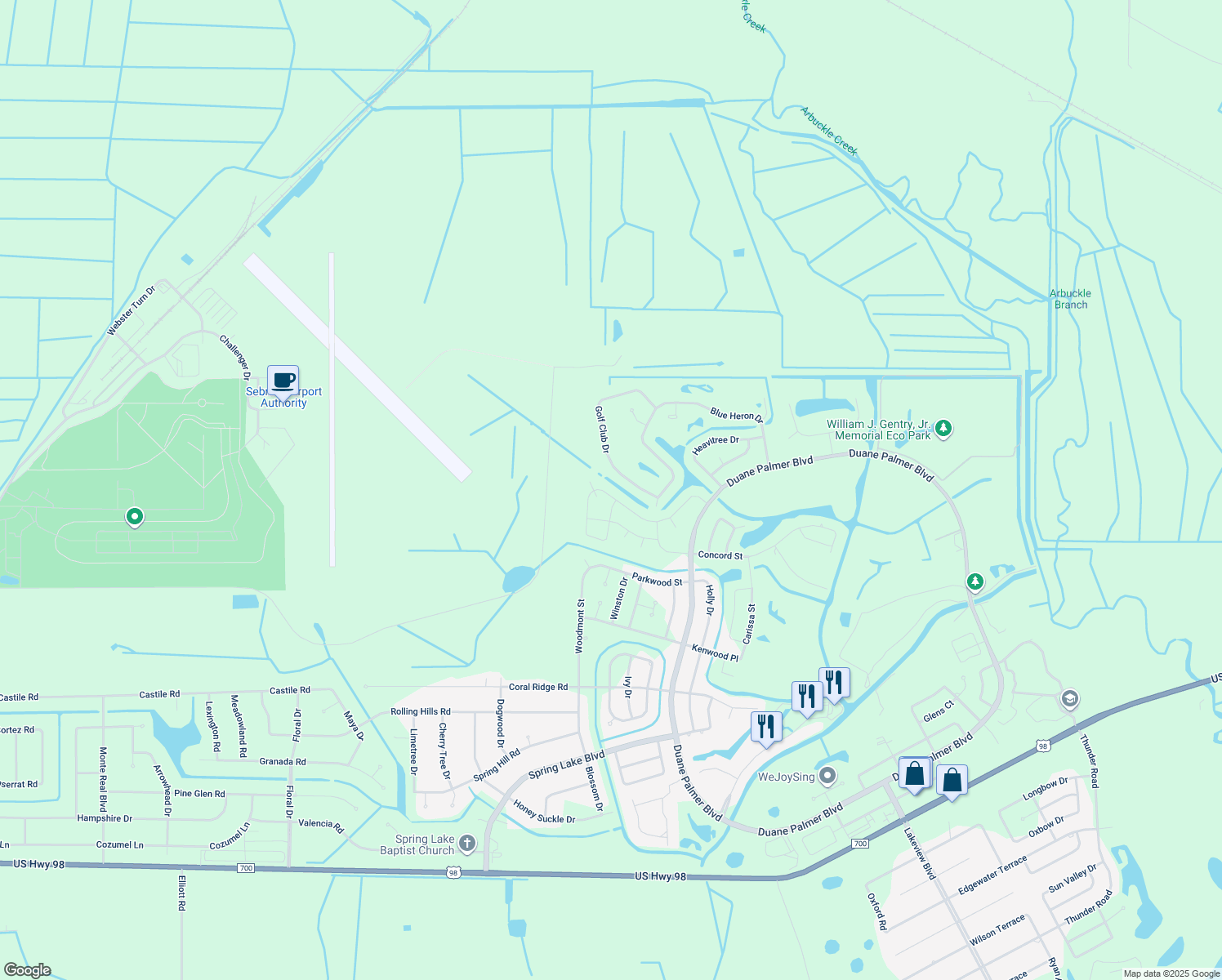 map of restaurants, bars, coffee shops, grocery stores, and more near 429 Foxhall in Sebring