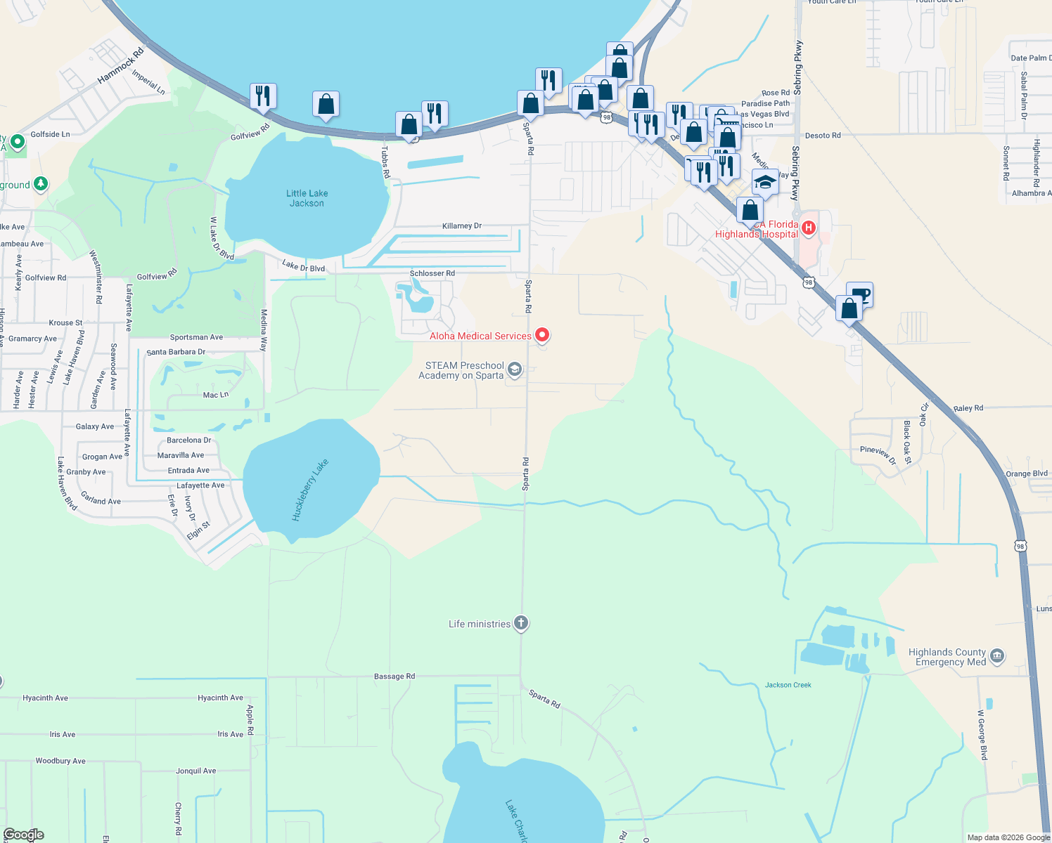 map of restaurants, bars, coffee shops, grocery stores, and more near 5525 Sparta Road in Sebring