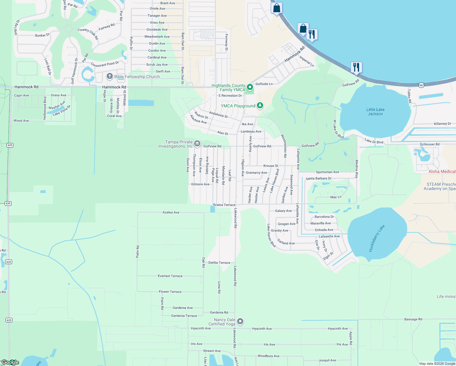 map of restaurants, bars, coffee shops, grocery stores, and more near 4213 Leaf Road in Sebring