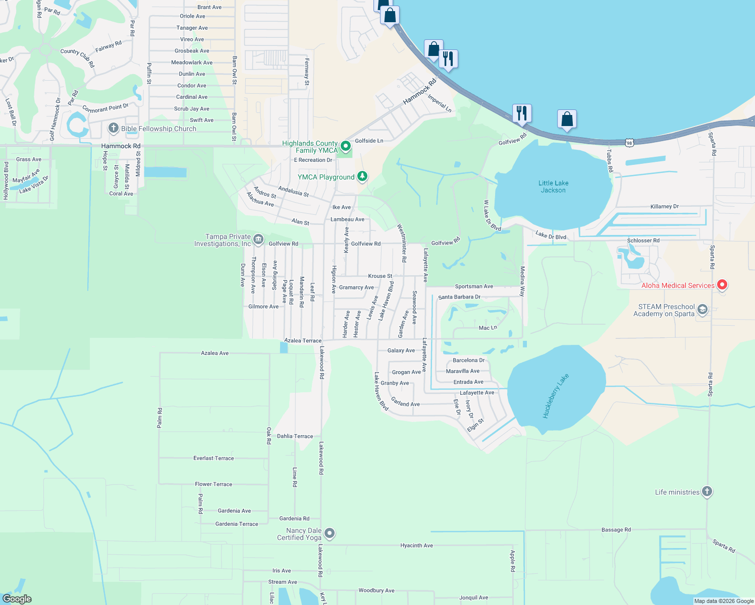 map of restaurants, bars, coffee shops, grocery stores, and more near 4406 Lewis Avenue in Sebring