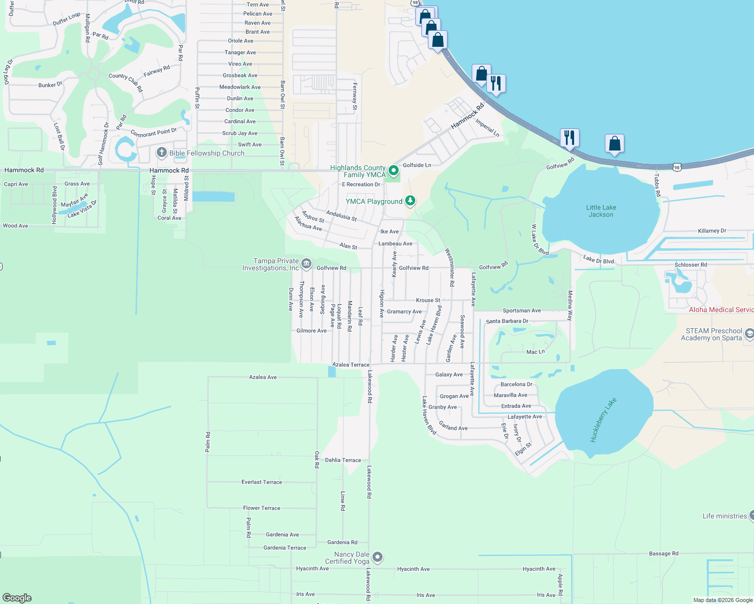map of restaurants, bars, coffee shops, grocery stores, and more near 4100 Lakewood Road in Sebring