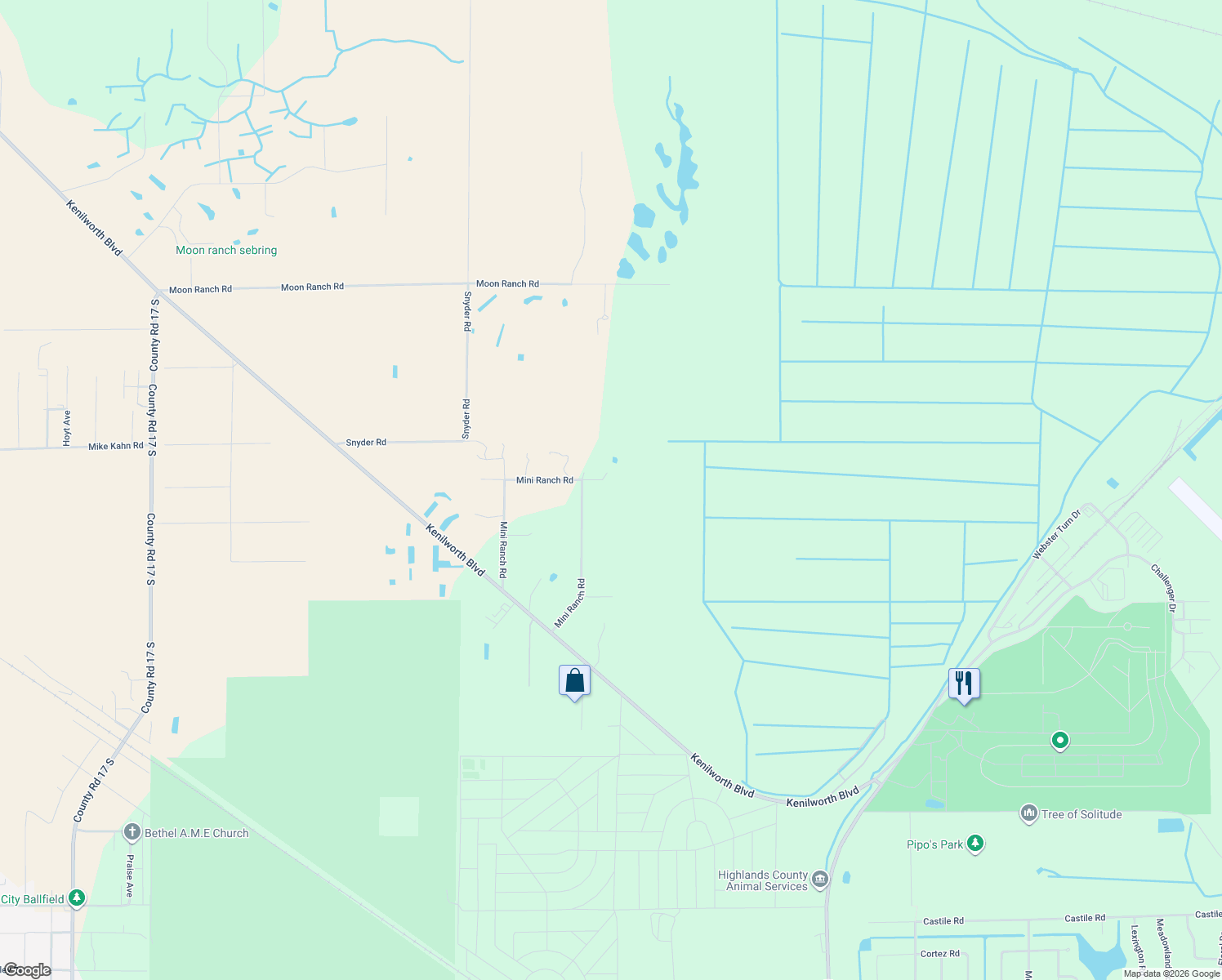 map of restaurants, bars, coffee shops, grocery stores, and more near 301 Mini Ranch Road in Sebring