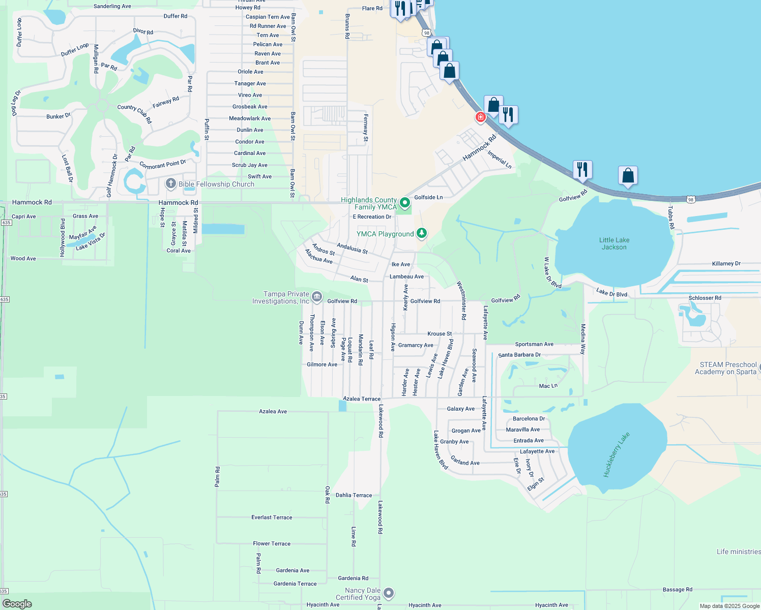 map of restaurants, bars, coffee shops, grocery stores, and more near 4001 Golfview Road in Sebring
