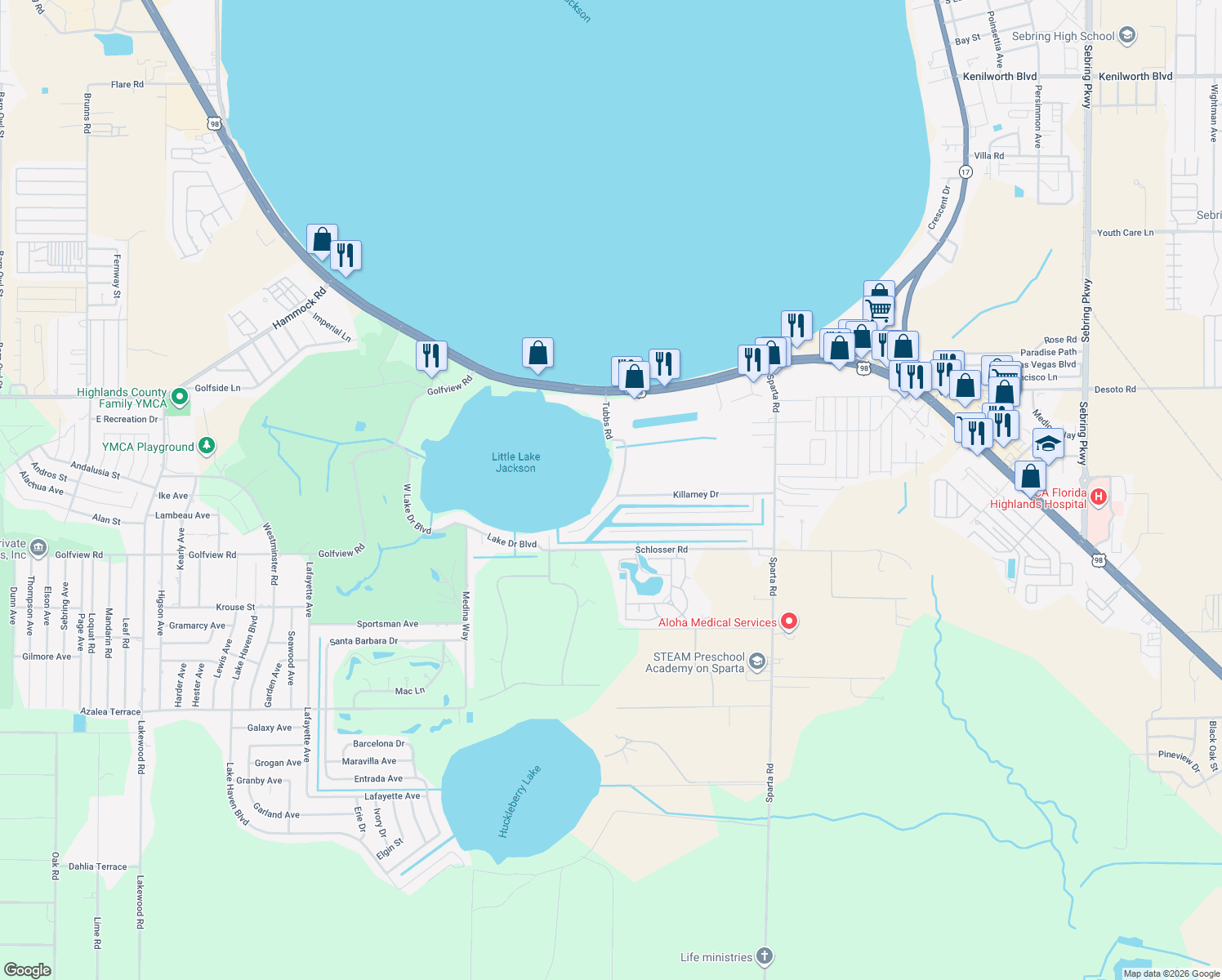 map of restaurants, bars, coffee shops, grocery stores, and more near 3535 Tubbs Road in Sebring
