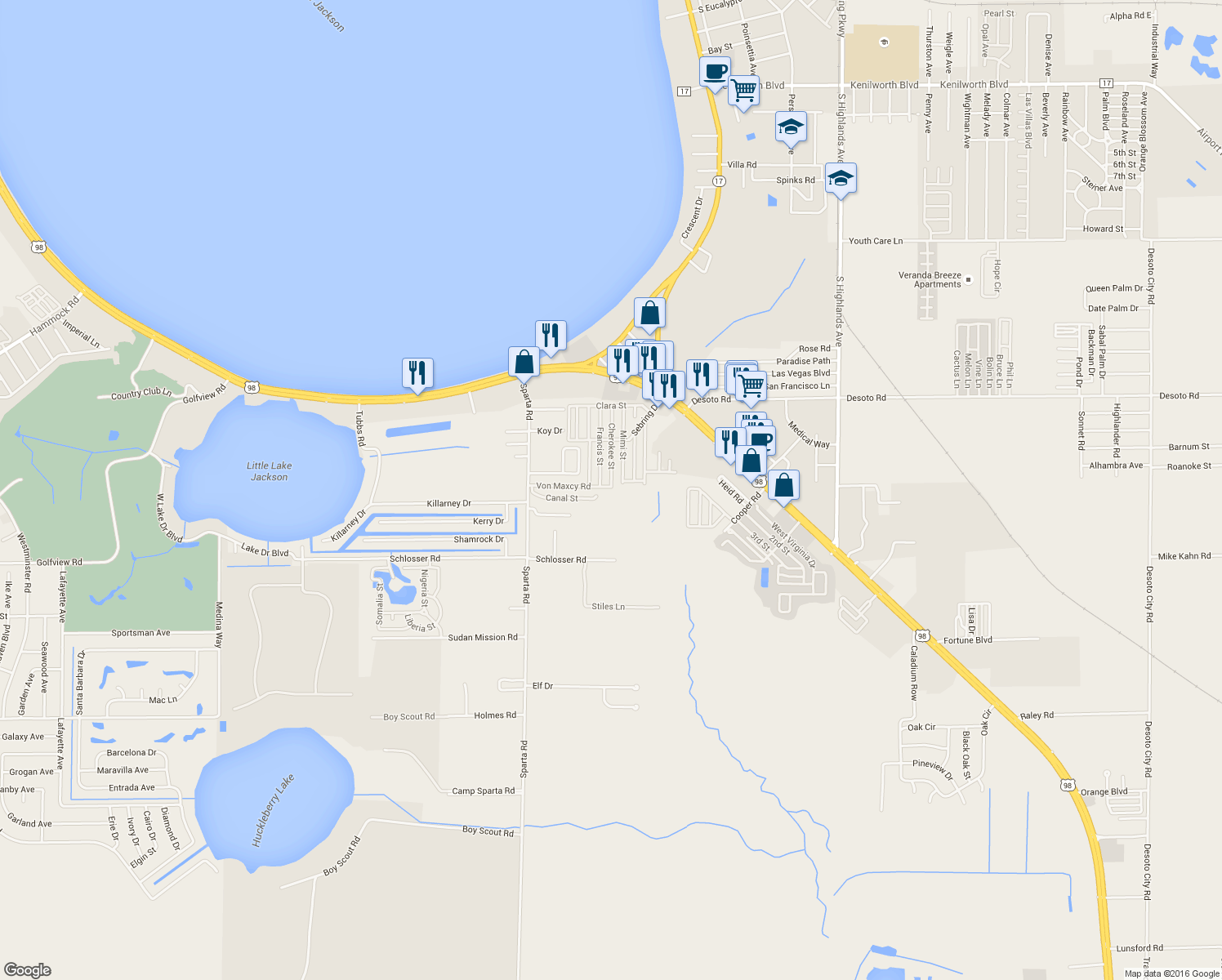 map of restaurants, bars, coffee shops, grocery stores, and more near 85 Von Maxcy Road in Sebring