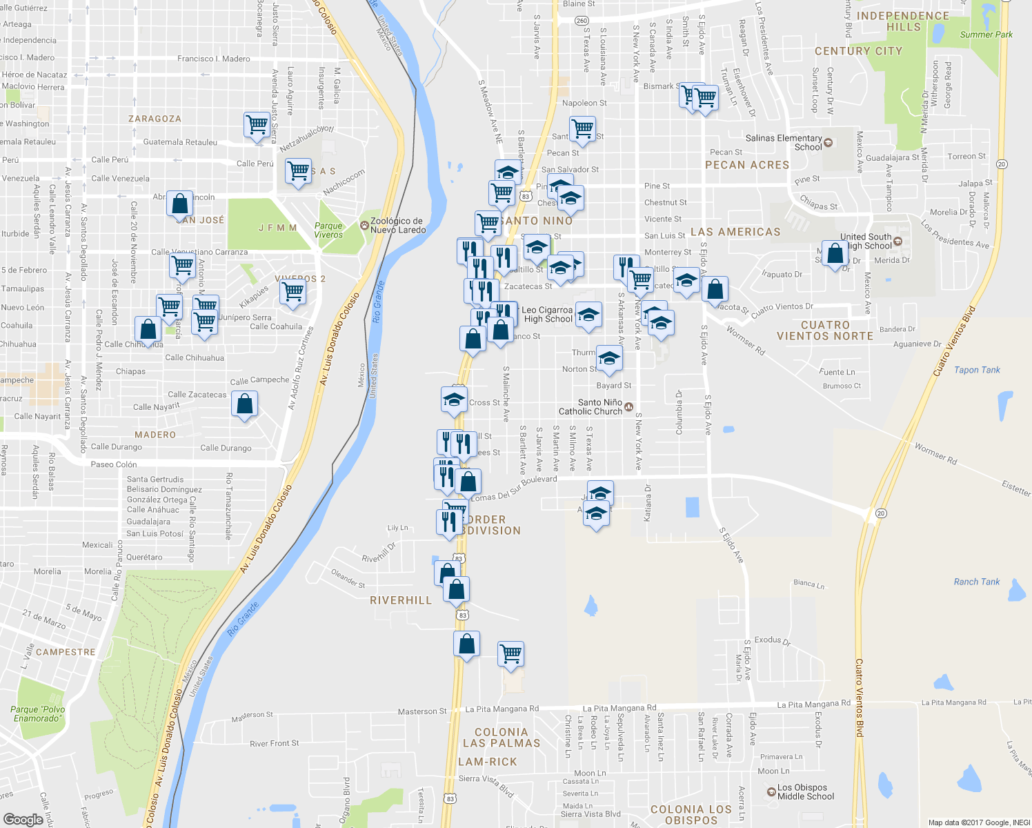 map of restaurants, bars, coffee shops, grocery stores, and more near 2116 Ireland Street in Laredo