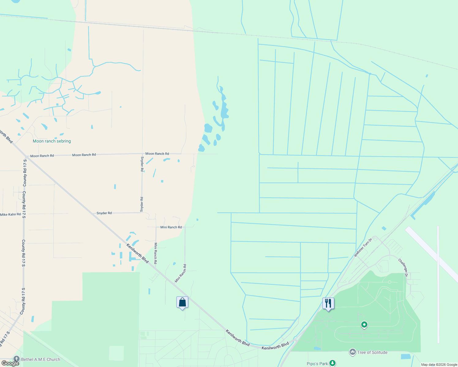 map of restaurants, bars, coffee shops, grocery stores, and more near 725 Moon Ranch Road in Sebring