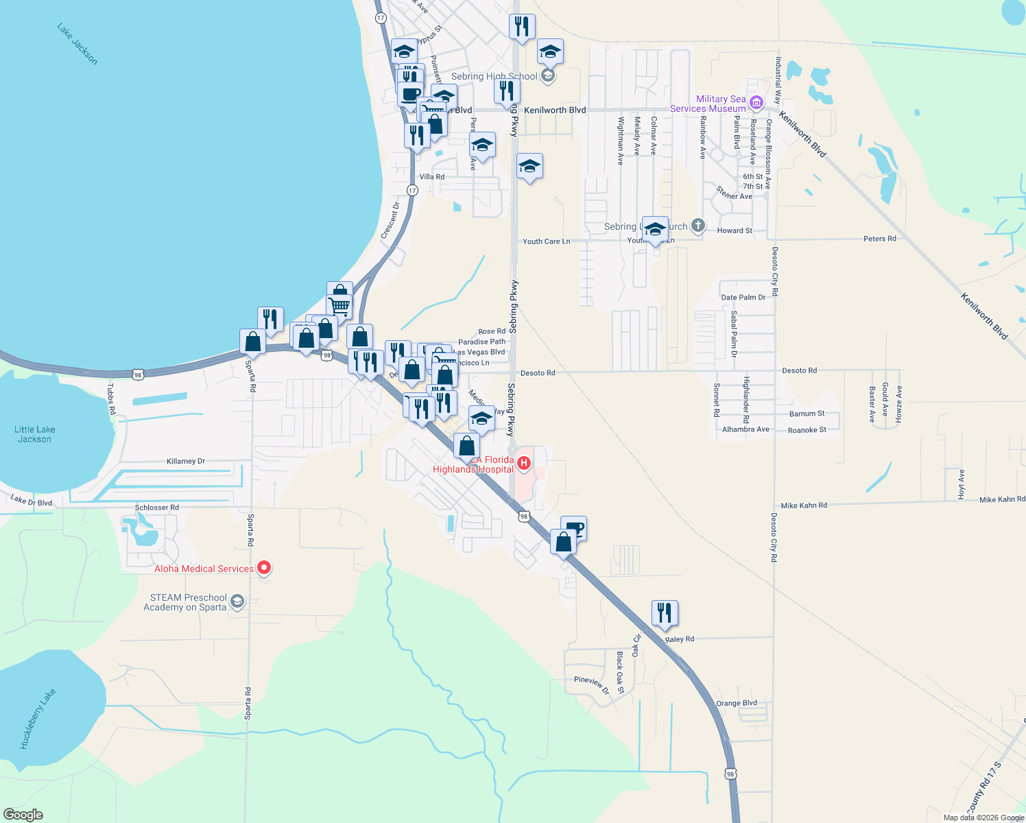 map of restaurants, bars, coffee shops, grocery stores, and more near 3356 South Highlands Avenue in Sebring