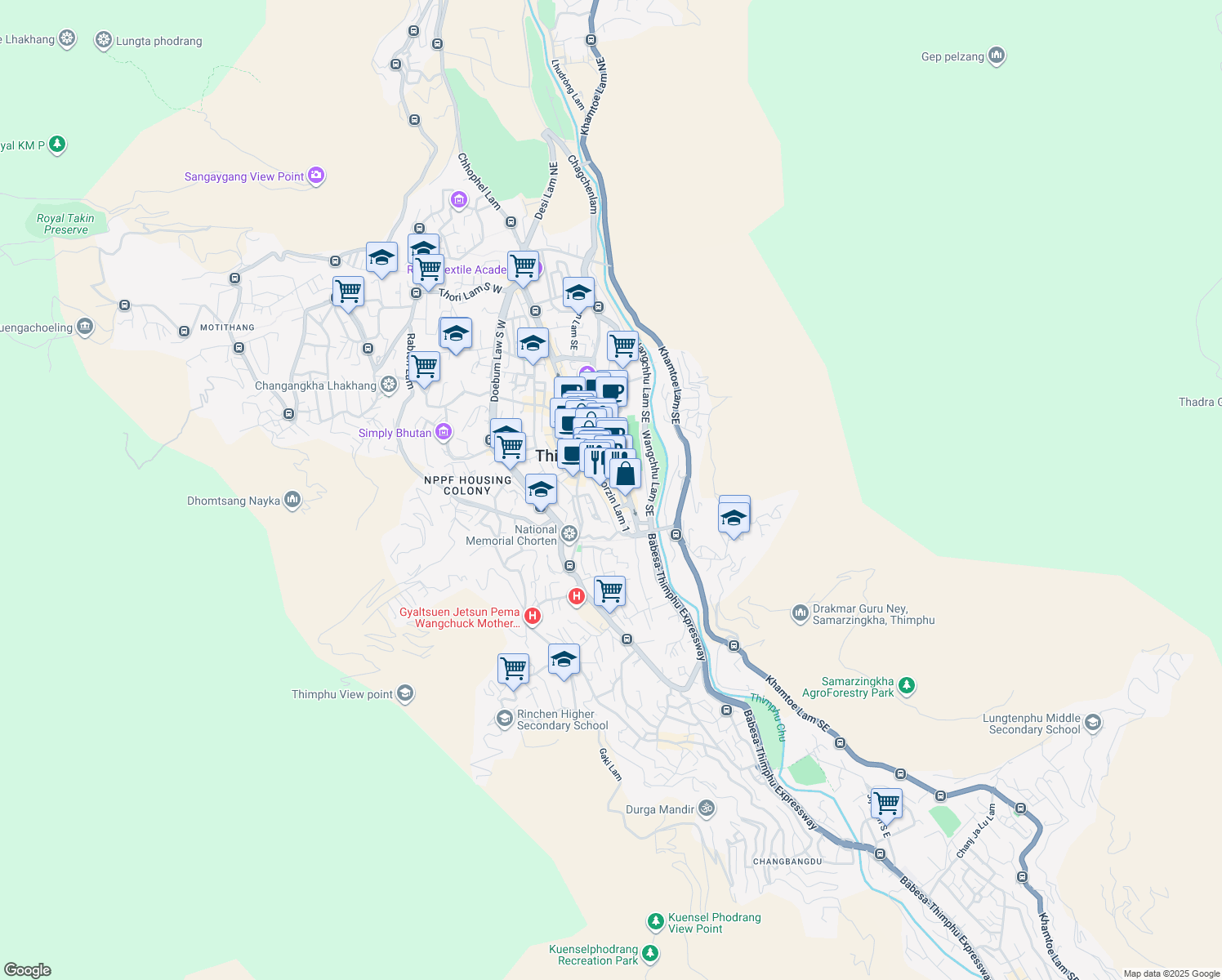 map of restaurants, bars, coffee shops, grocery stores, and more near Wogzin Lam in Thimphu
