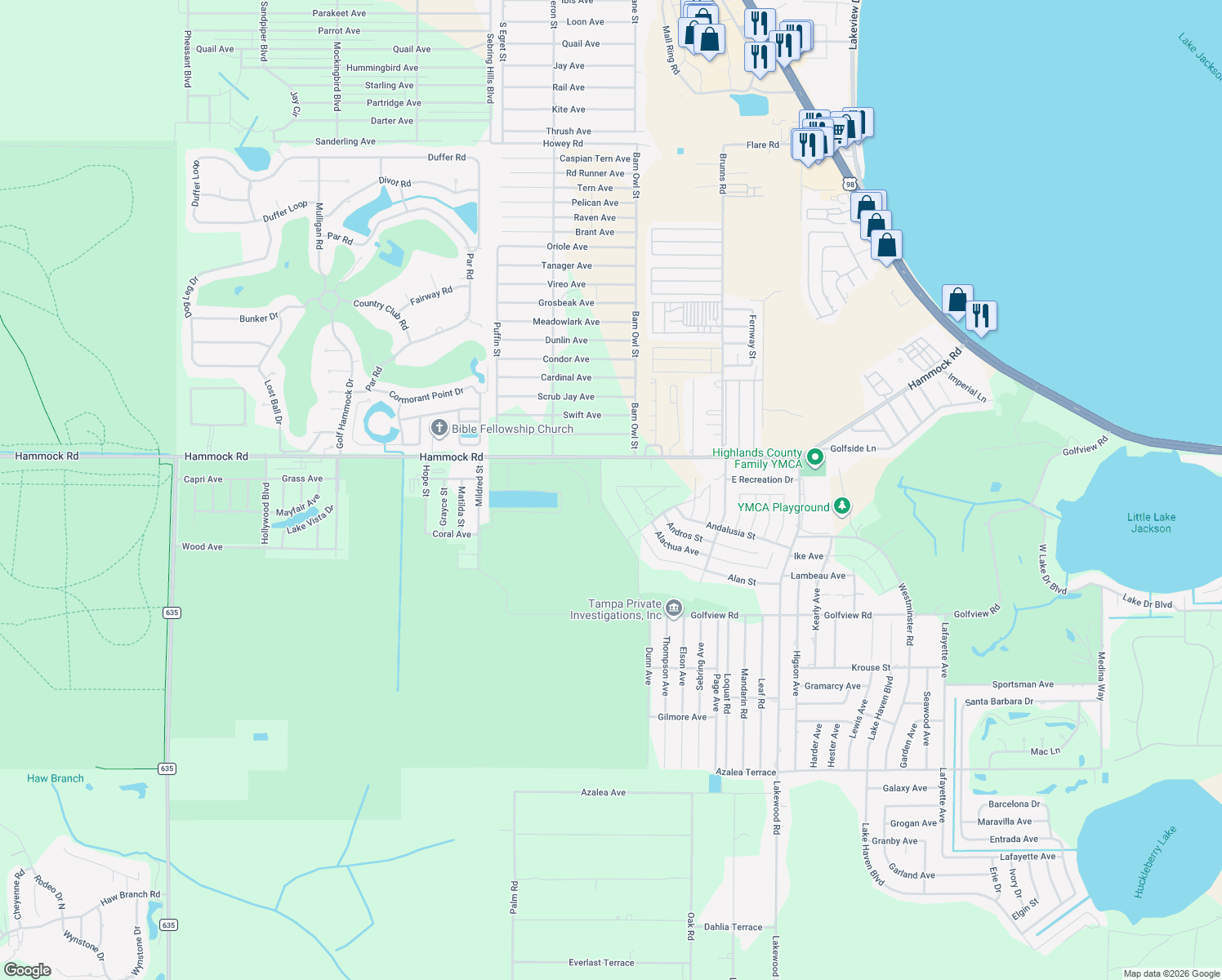 map of restaurants, bars, coffee shops, grocery stores, and more near 2129 Abington Street in Sebring